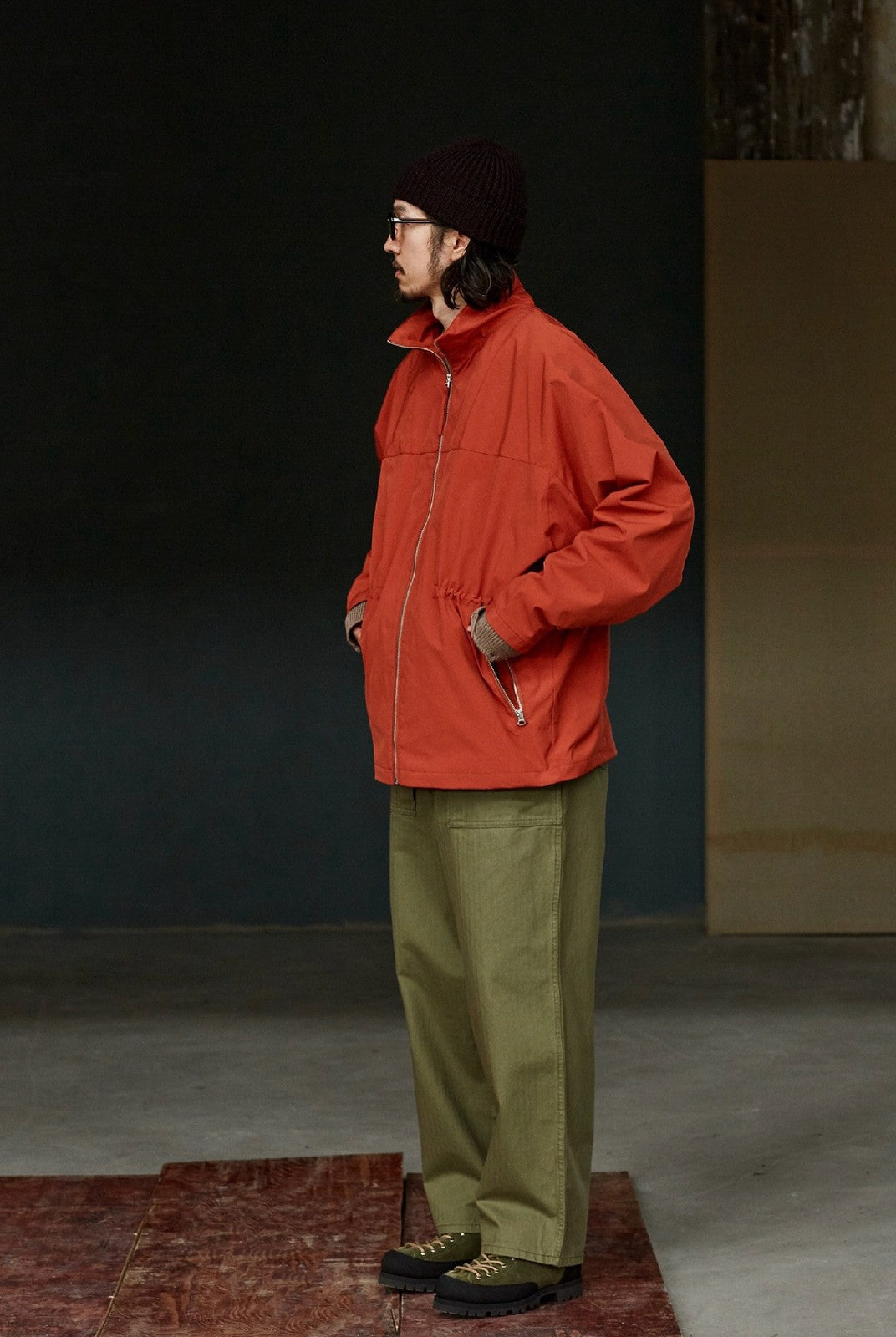 USAGE Drawstring Zip Front Tech Anorak in Orange - On Male Model