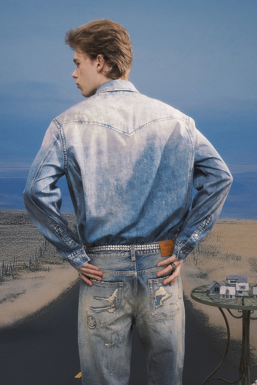 SOD Distressed Ink Splatter Denim Shirt in Blue - On Male Model