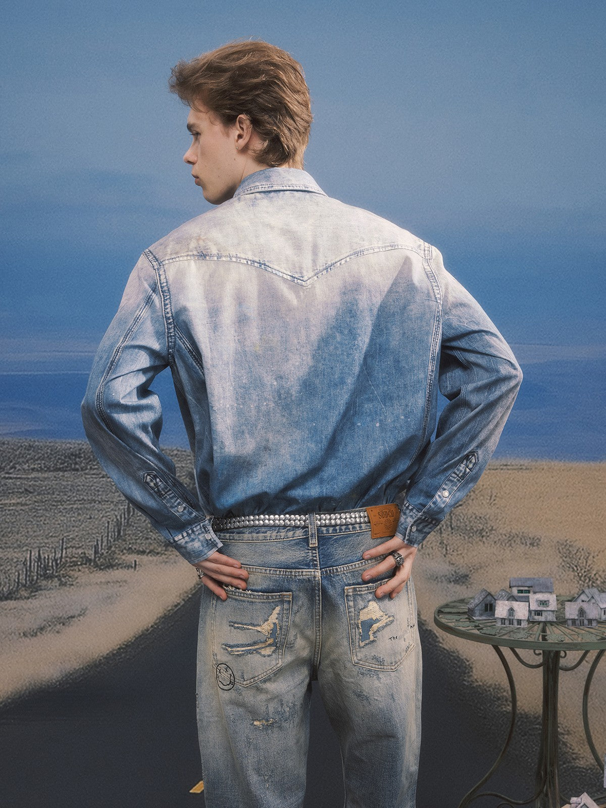 SOD Distressed Ink Splatter Denim Shirt in Blue - On Male Model