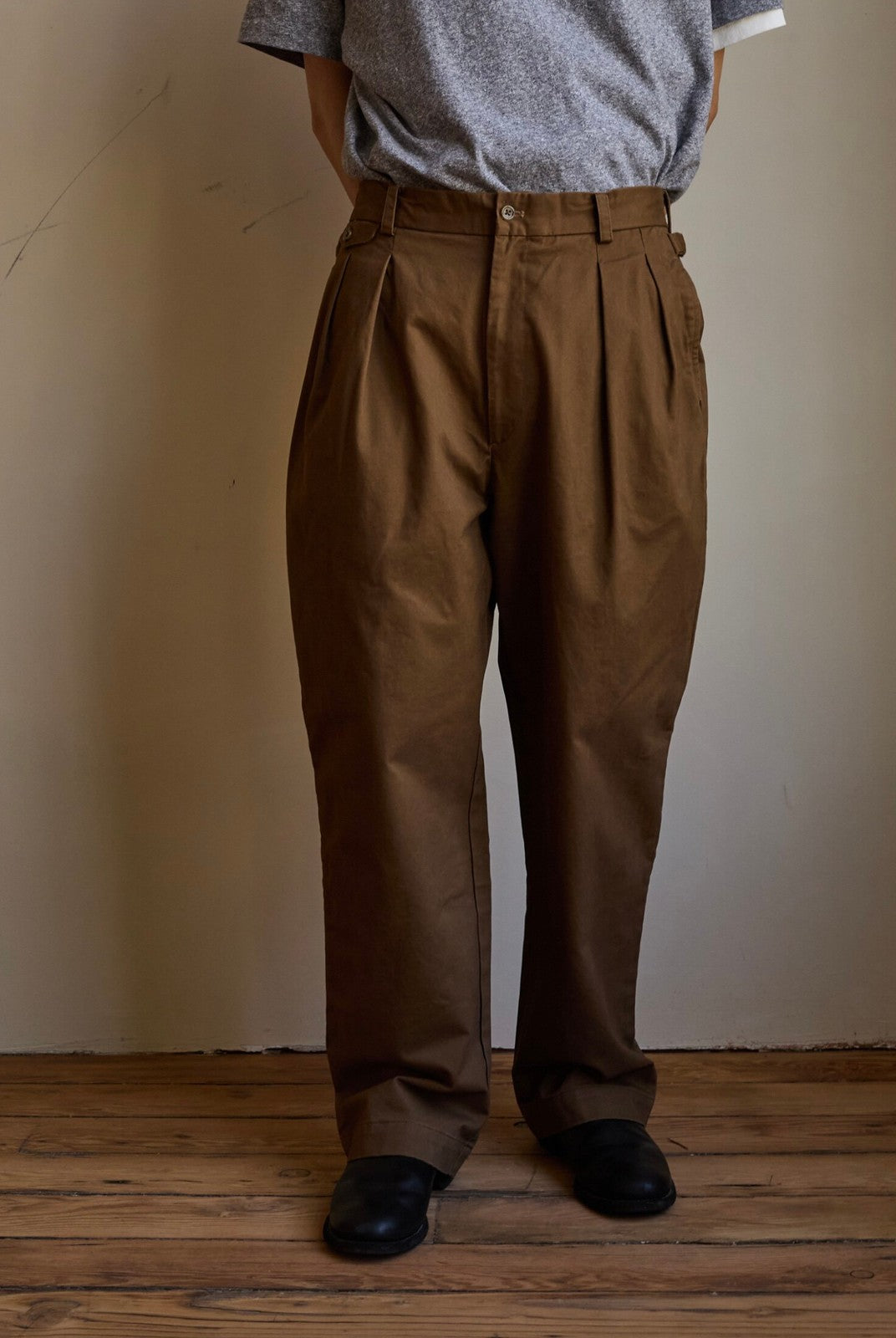 USAGE Pleated Cotton Twill Chinos in Beige - On Model