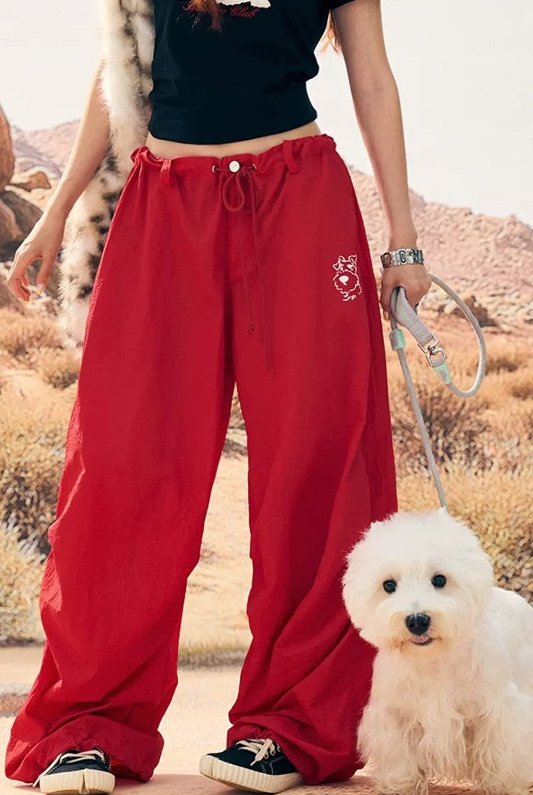 BeerBro Lightweight Parachute Pants in Red - On Female Model