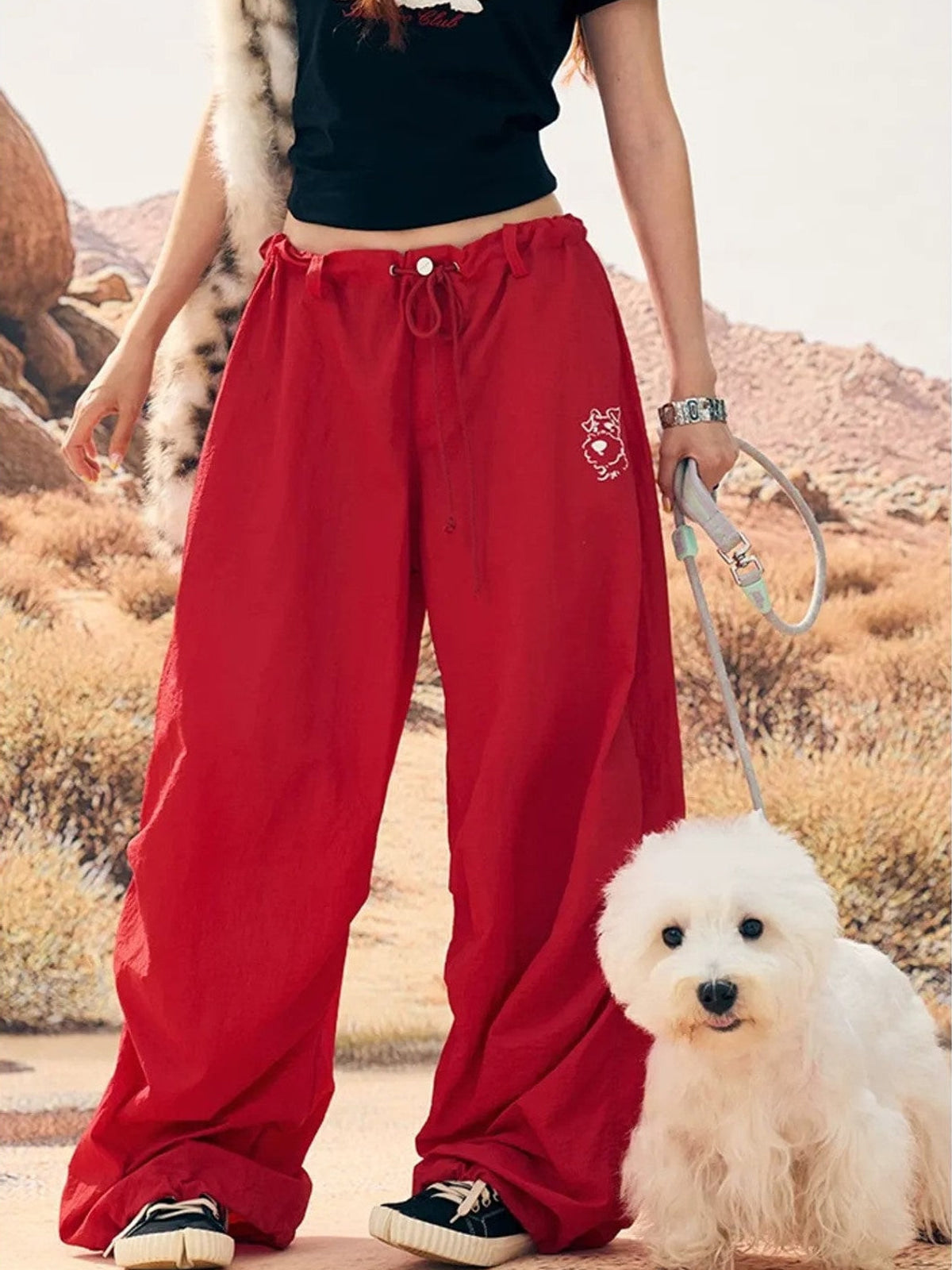 BeerBro Lightweight Parachute Pants in Red - On Female Model