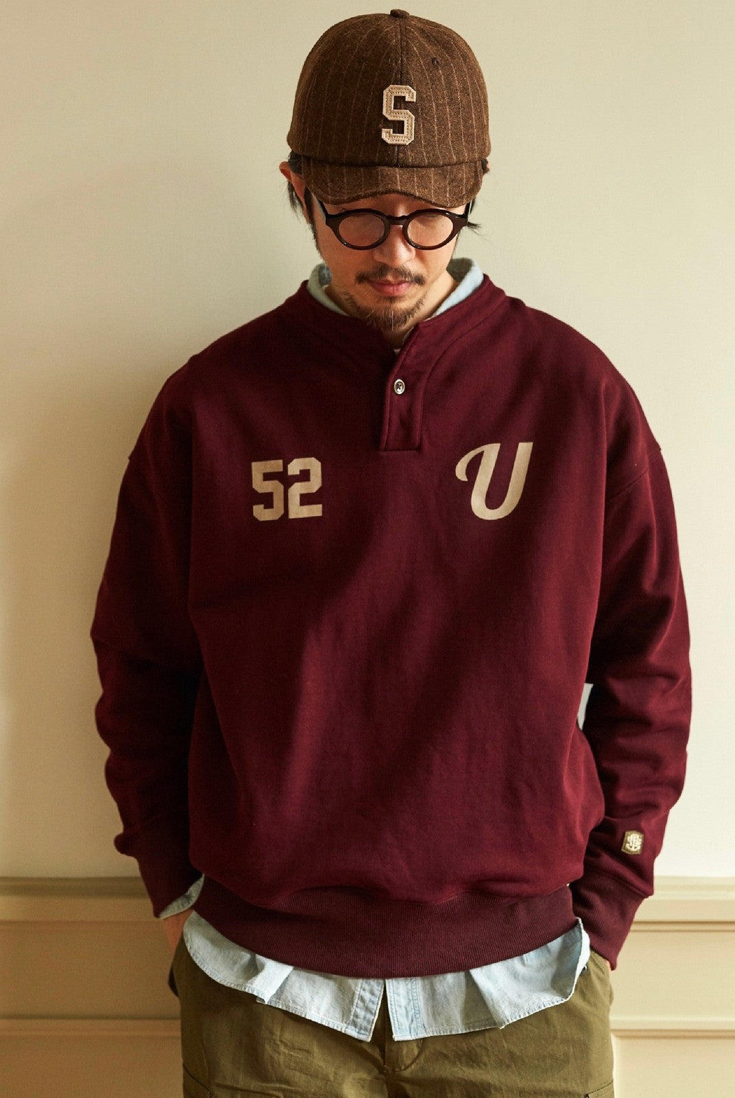 USAGE Terry Cotton Henley Sweatshirt in Burgundy - On Male Model