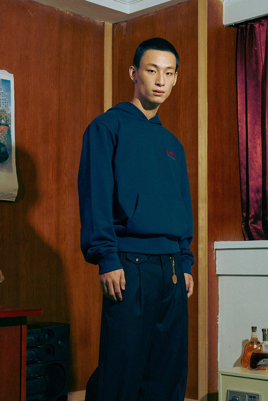 SOD Embroidered Padded Shoulder Hoodie in Blue - On Male Model