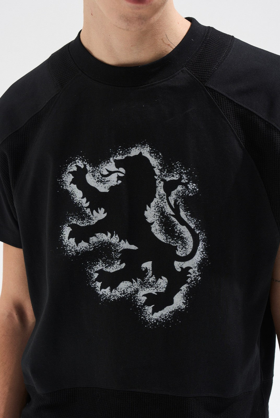 BLINDNOPLAN Sorona Panelled Graphic T Shirt in Black - On Male Model