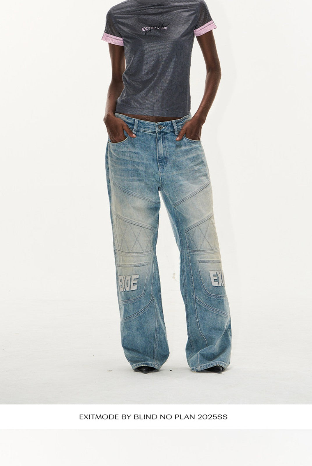 BLINDNOPLAN Paneled Embroidered Distressed Denim Pants in Blue - On Female Model