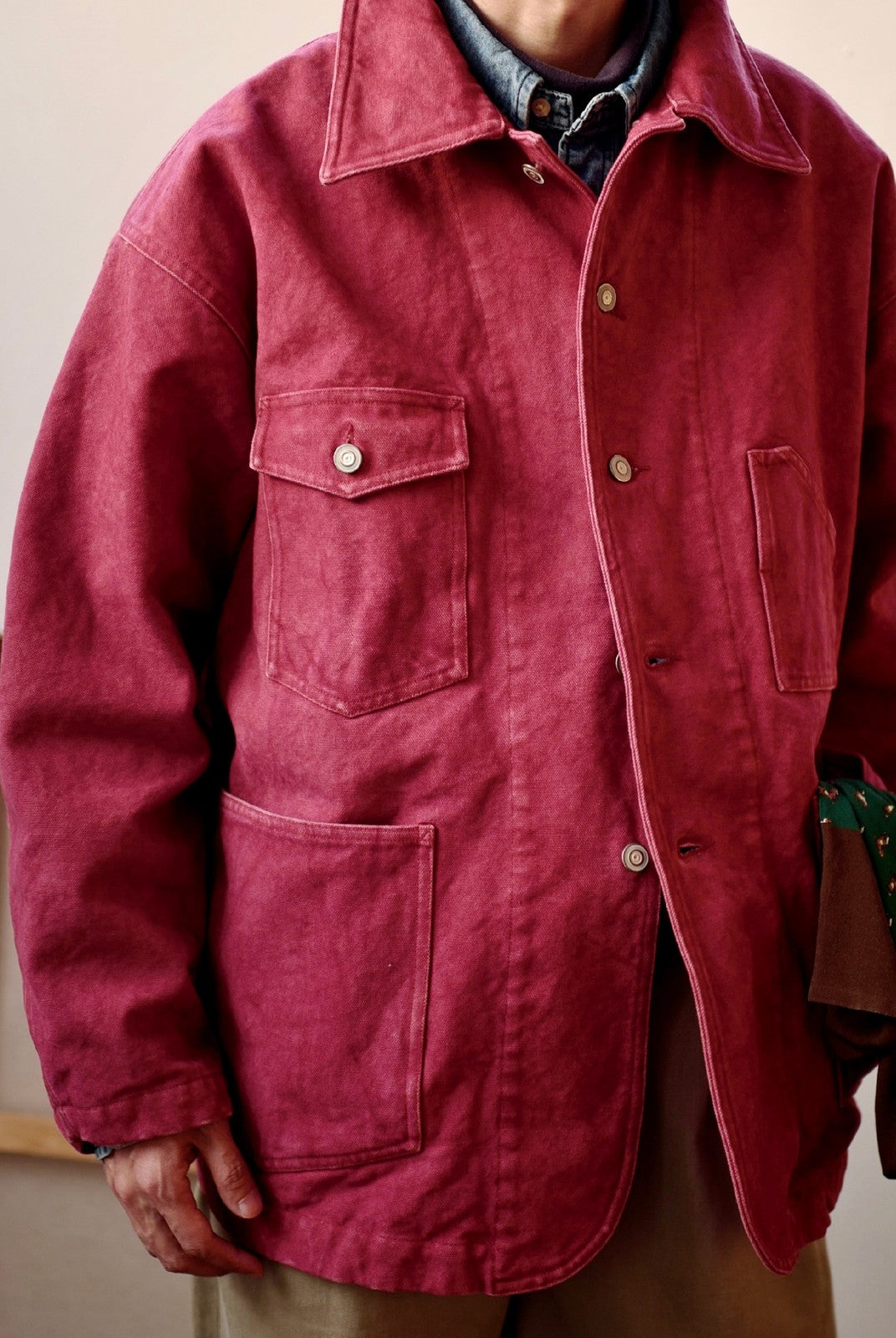 USAGE Washed Heavyweight Cotton Chore Jacket in Red - On Male Model