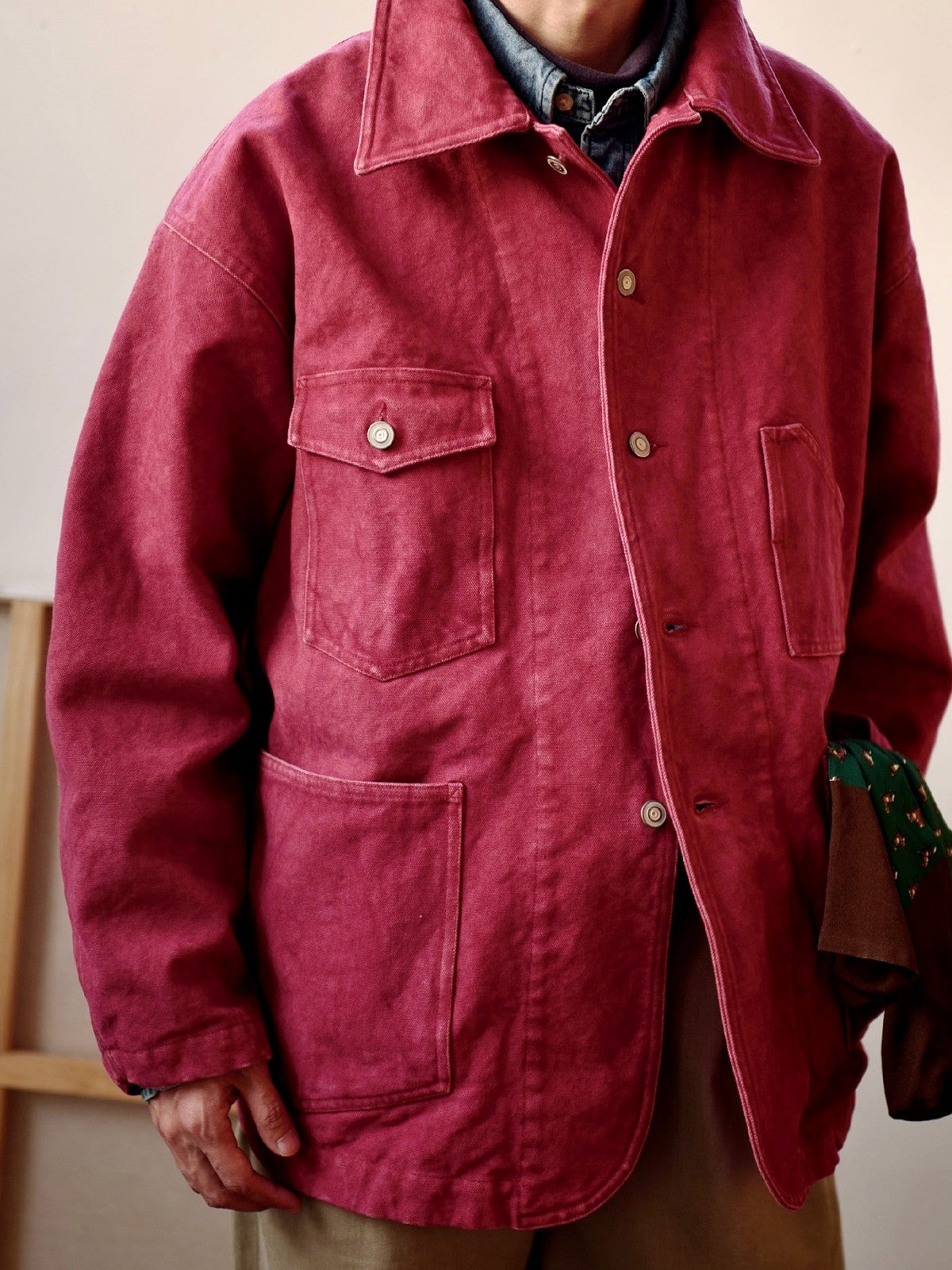 USAGE Washed Heavyweight Cotton Chore Jacket in Red - On Male Model