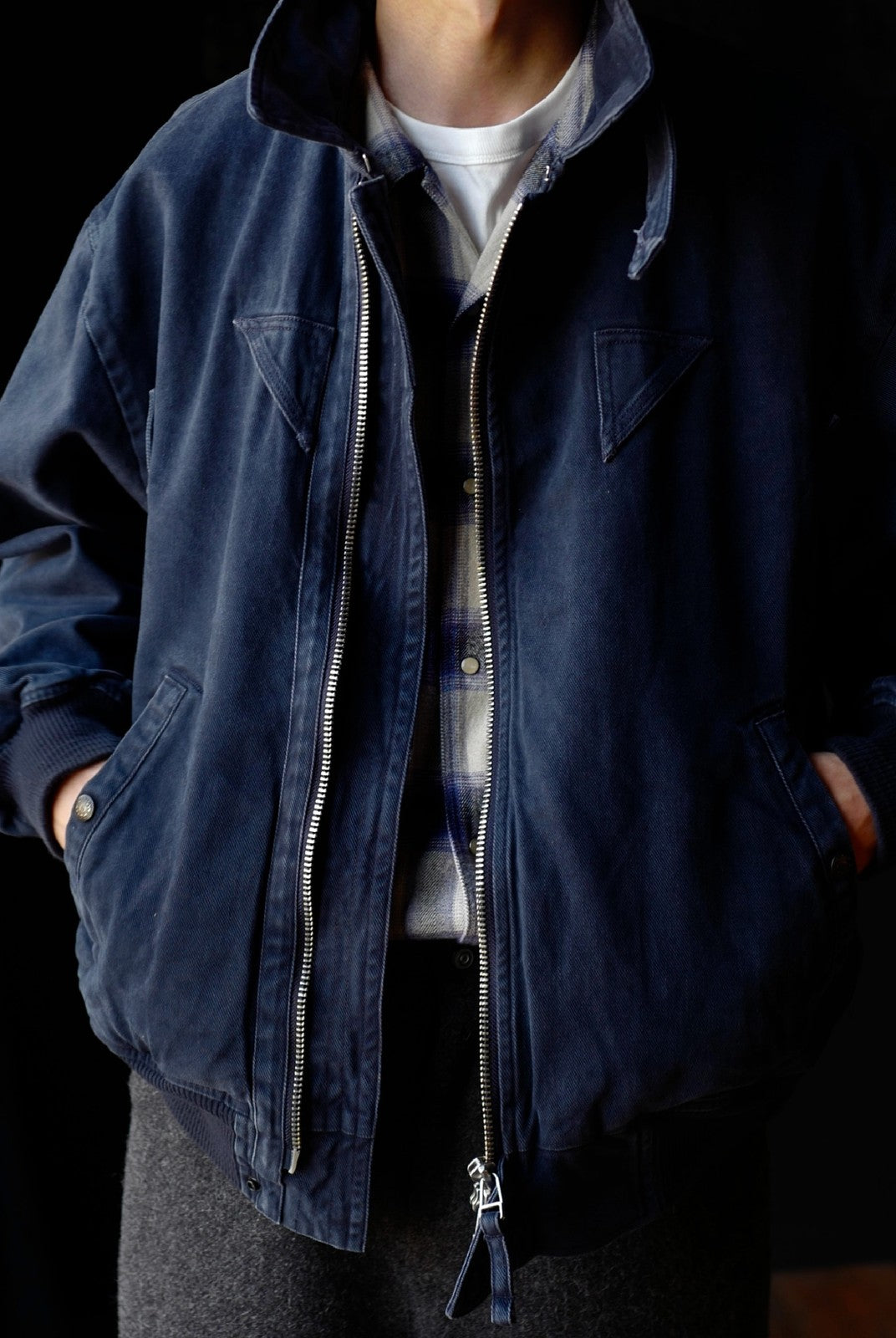 USAGE Washed Cotton Lyocell B 15 Bomber in Navy - On Male Model