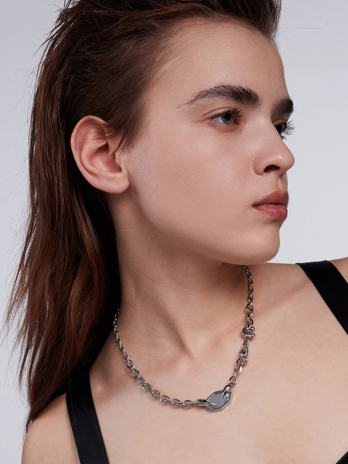 BLACKHEAD Panic Mirror Pendant Necklace in Silver - On Female Model