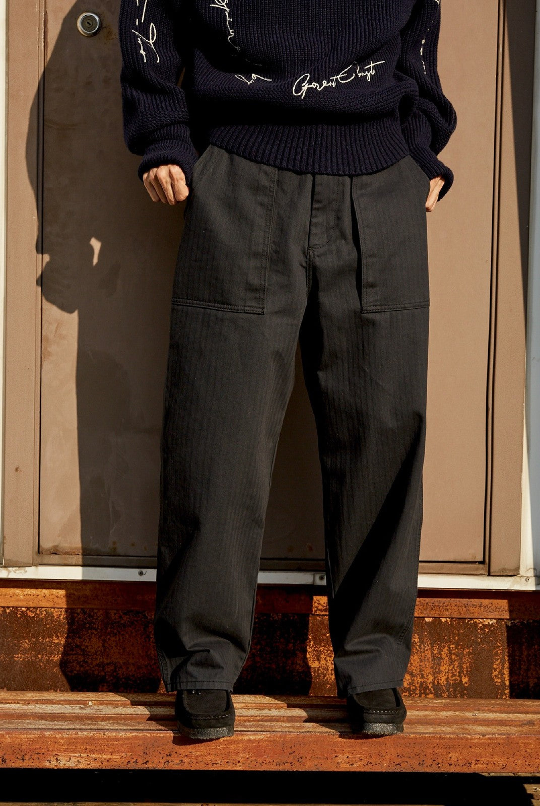 USAGE Heavyweight Herringbone Baker Pants in Navy Blue - On Model