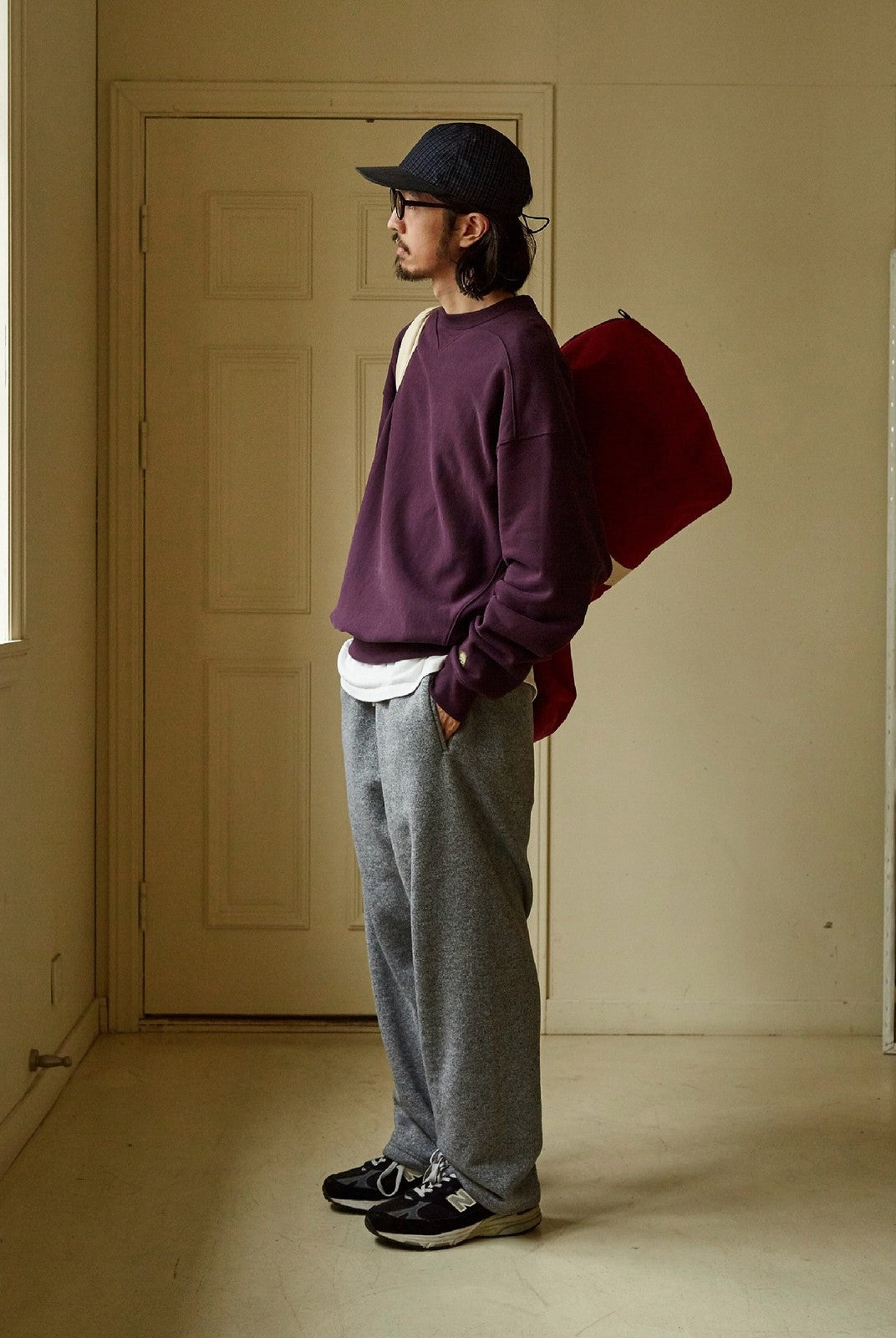 USAGE Reversible Cotton Crewneck Sweatshirt in Purple - On Male Model