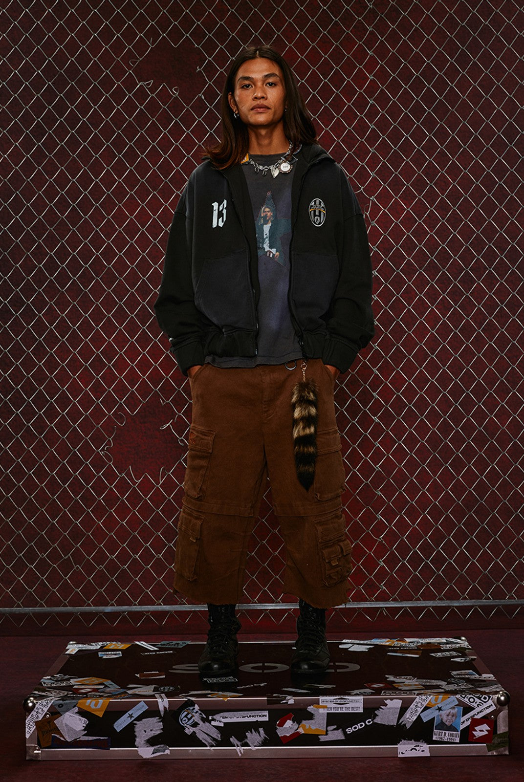 SOD Washed Layered Zip Up Hoodie in Black - On Male Model