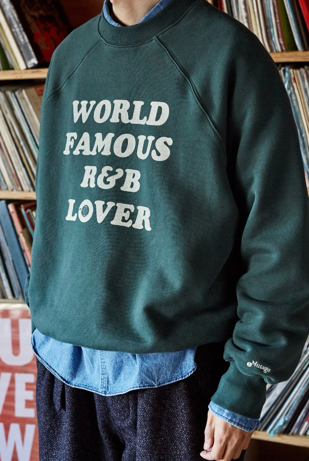 USAGE Heavyweight Raglan Graphic Sweatshirt in Green - On Male Model