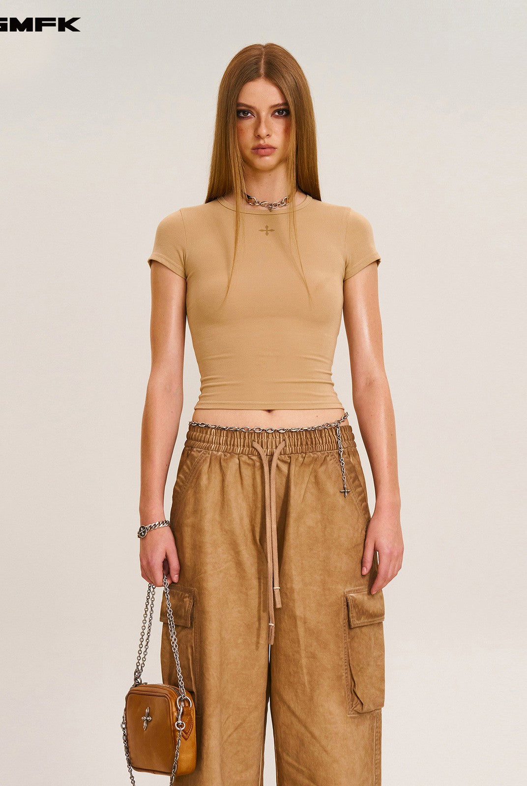 SMFK Short Sleeve Cropped T Shirt in Beige - On Female Model