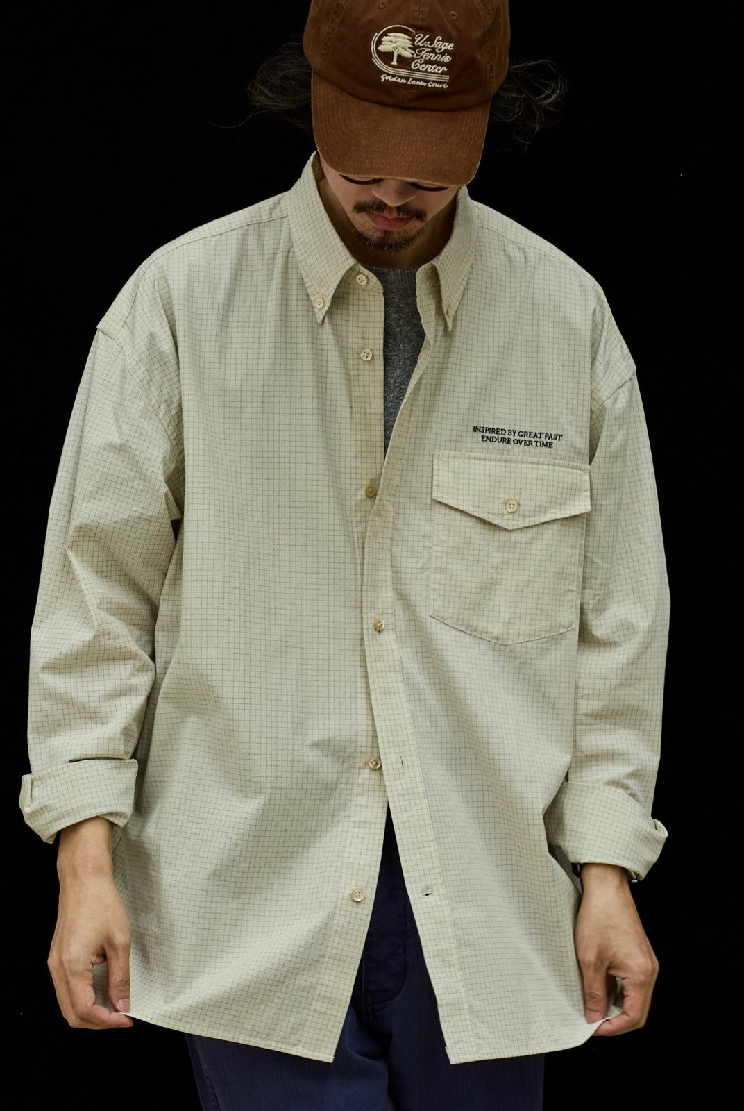 USAGE Oversized Micro Check Button Down Shirt in Cream - On Male Model