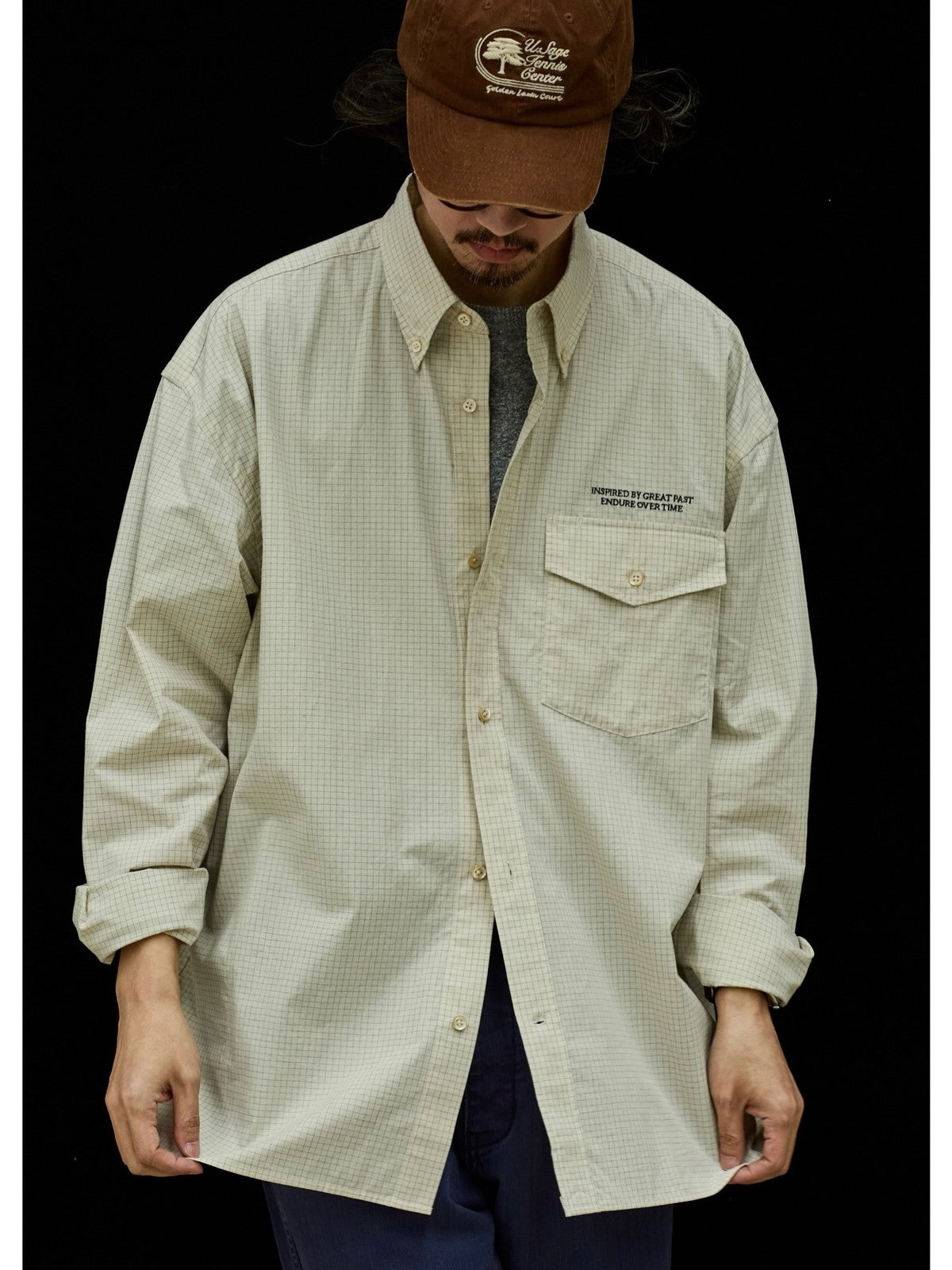 USAGE Oversized Micro Check Button Down Shirt in Cream - On Male Model