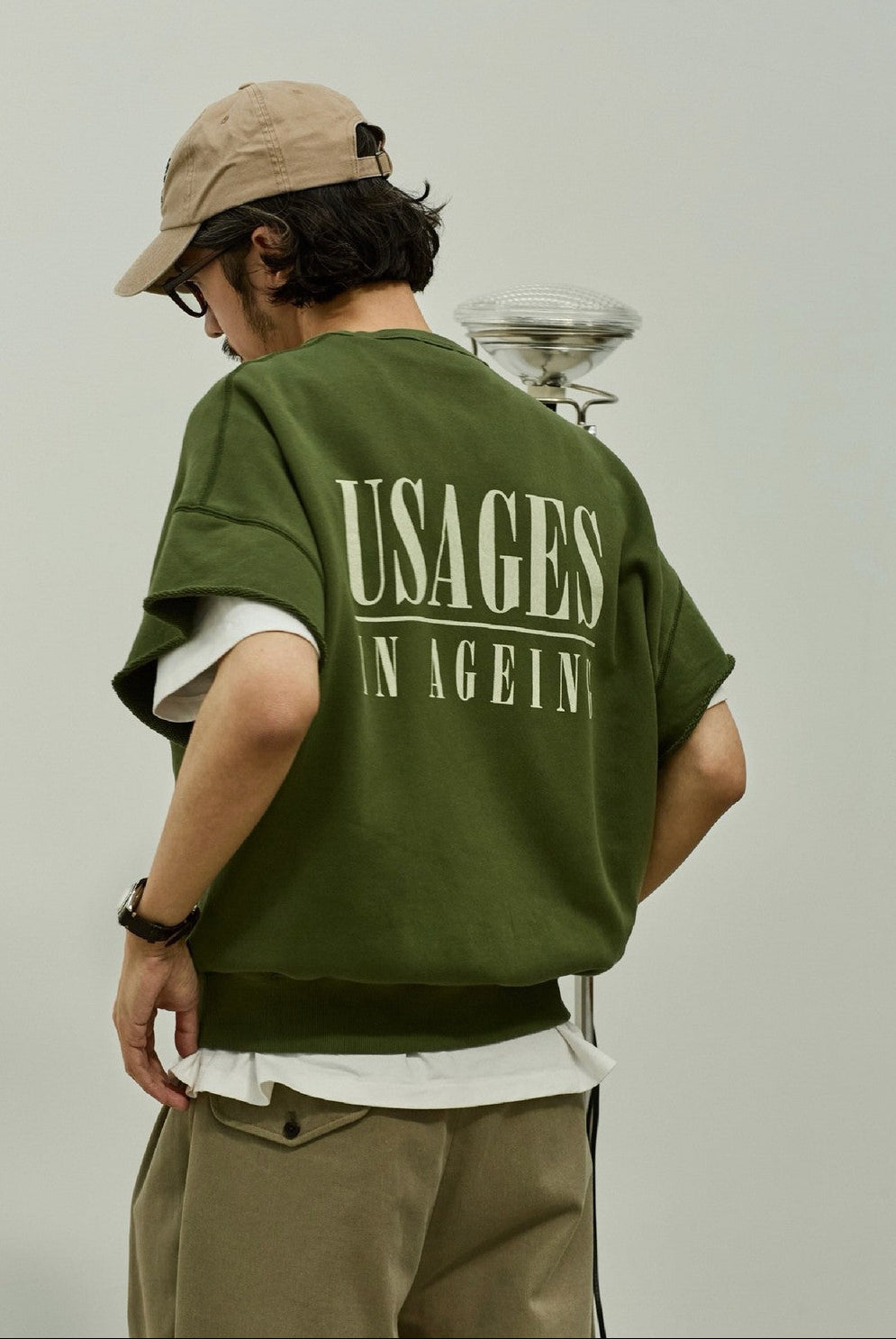 USAGE Raw Edge Cotton Short Sleeve Sweatshirt in Olive - On Male Model