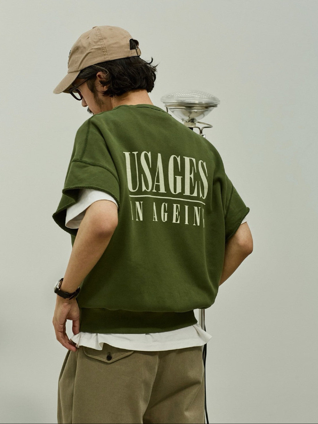USAGE Raw Edge Cotton Short Sleeve Sweatshirt in Olive - On Male Model