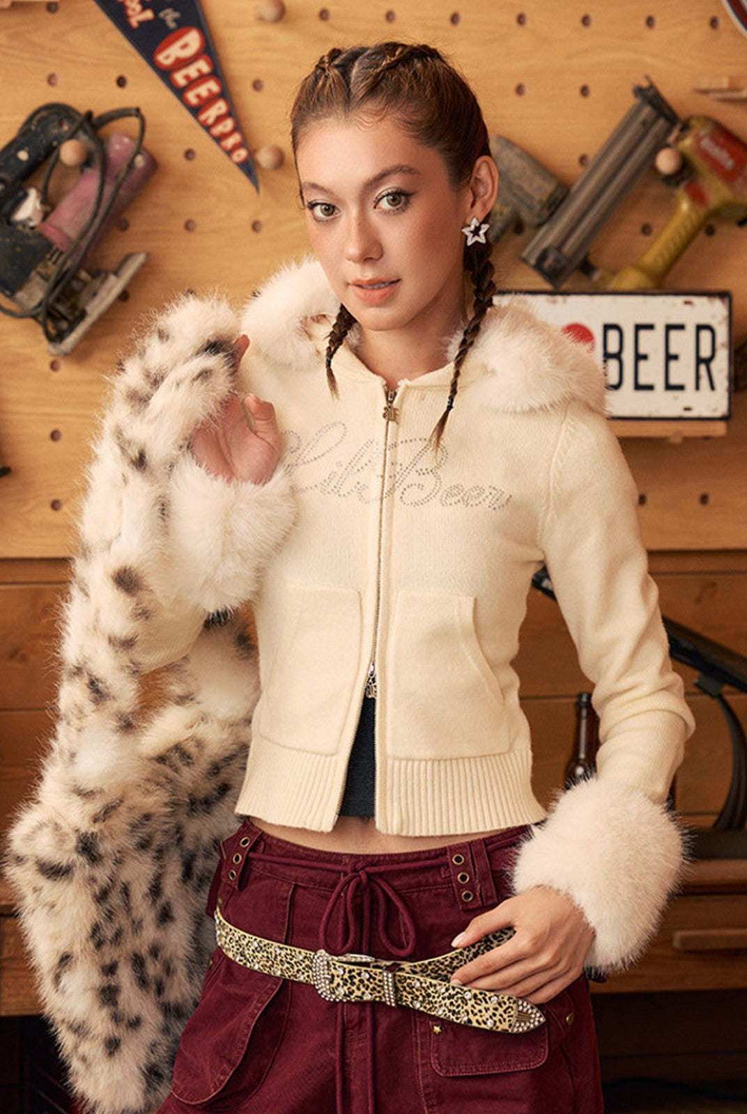 BEERBRO Fur Trimmed Rhinestone Knit Hoodie in Orange - On Female Model
