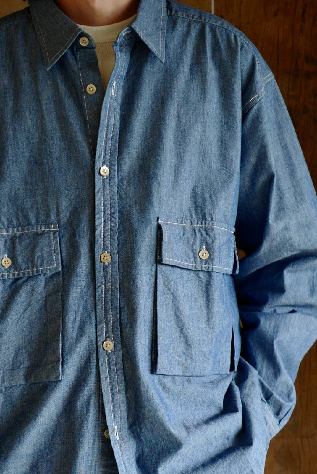 USAGE Cotton Chambray Safari Shirt in Denim - On Male Model