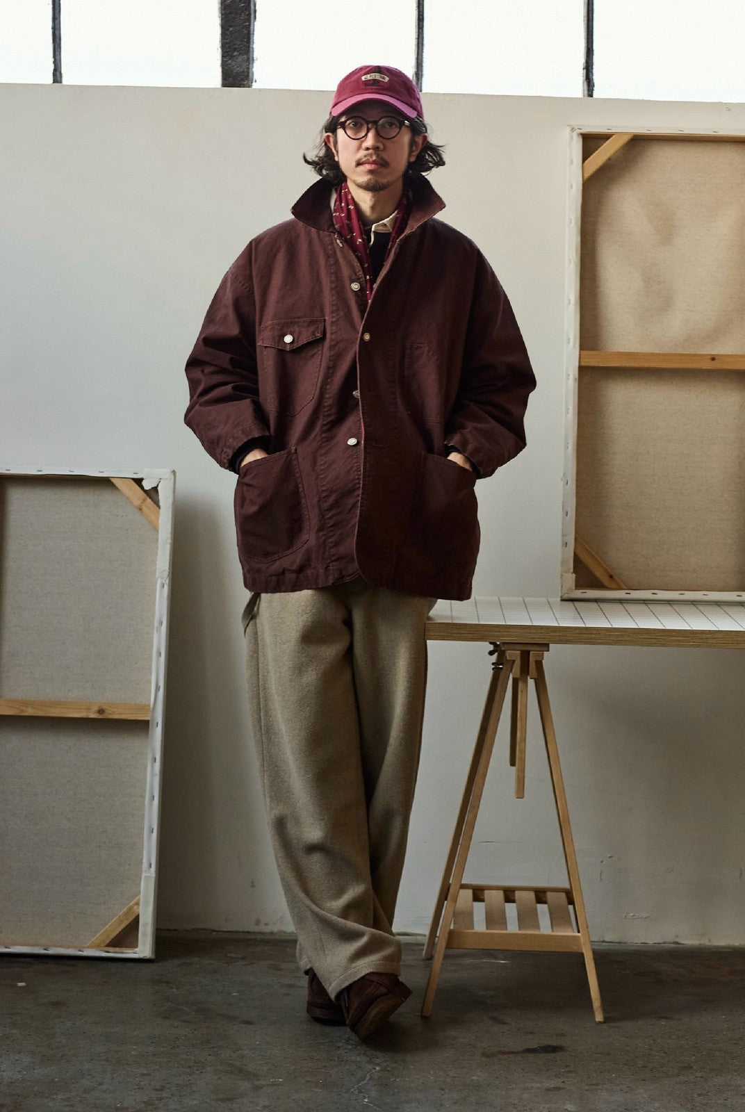 USAGE Washed Heavyweight Cotton Chore Jacket in Brown - On Male Model
