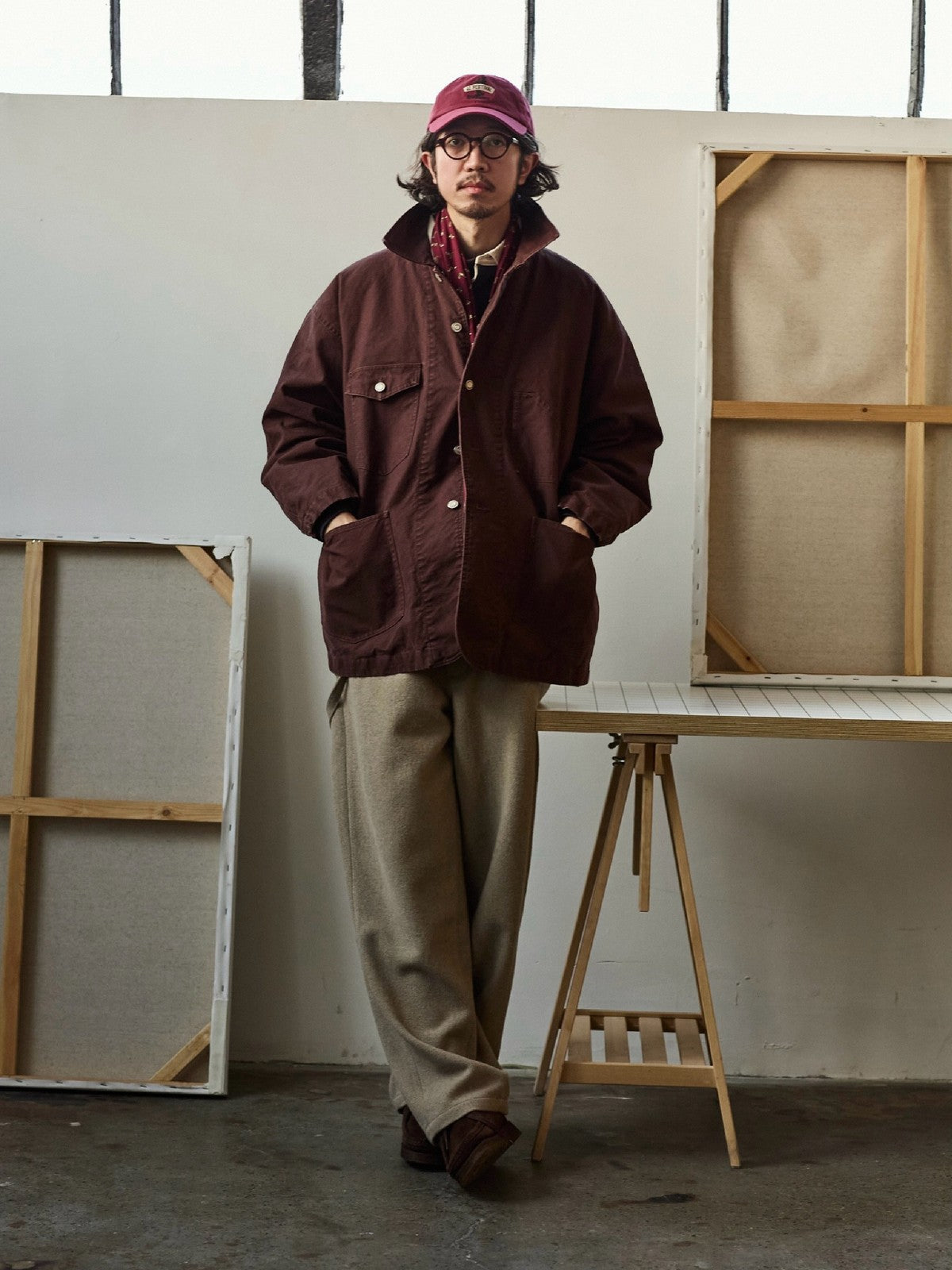USAGE Washed Heavyweight Cotton Chore Jacket in Brown - On Male Model