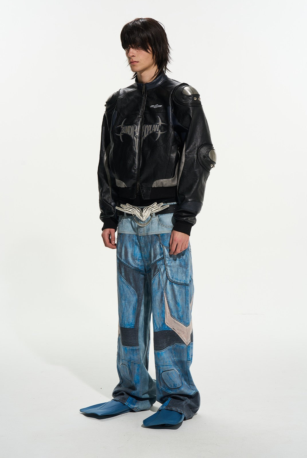BLINDNOPLAN Cropped Paneled Faux Leather Moto Jacket in Black - On Male Model