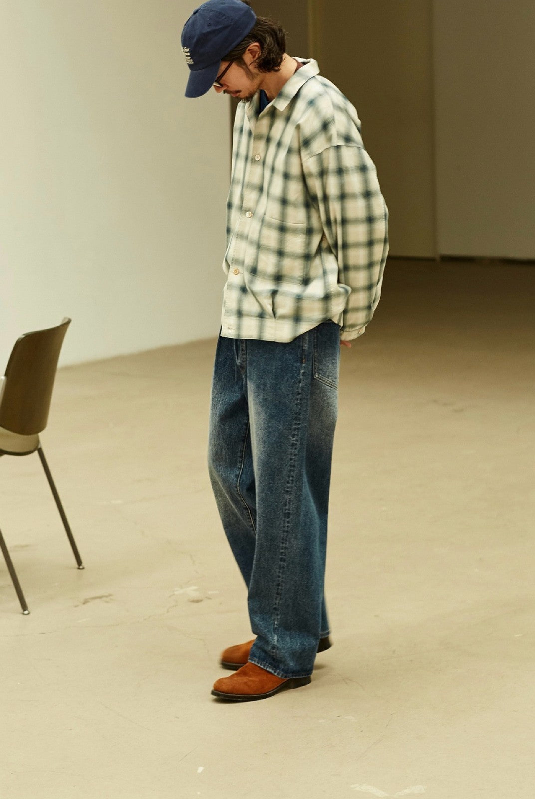 USAGE Gradient Plaid Cotton Blouson in Off-White - On Male Model