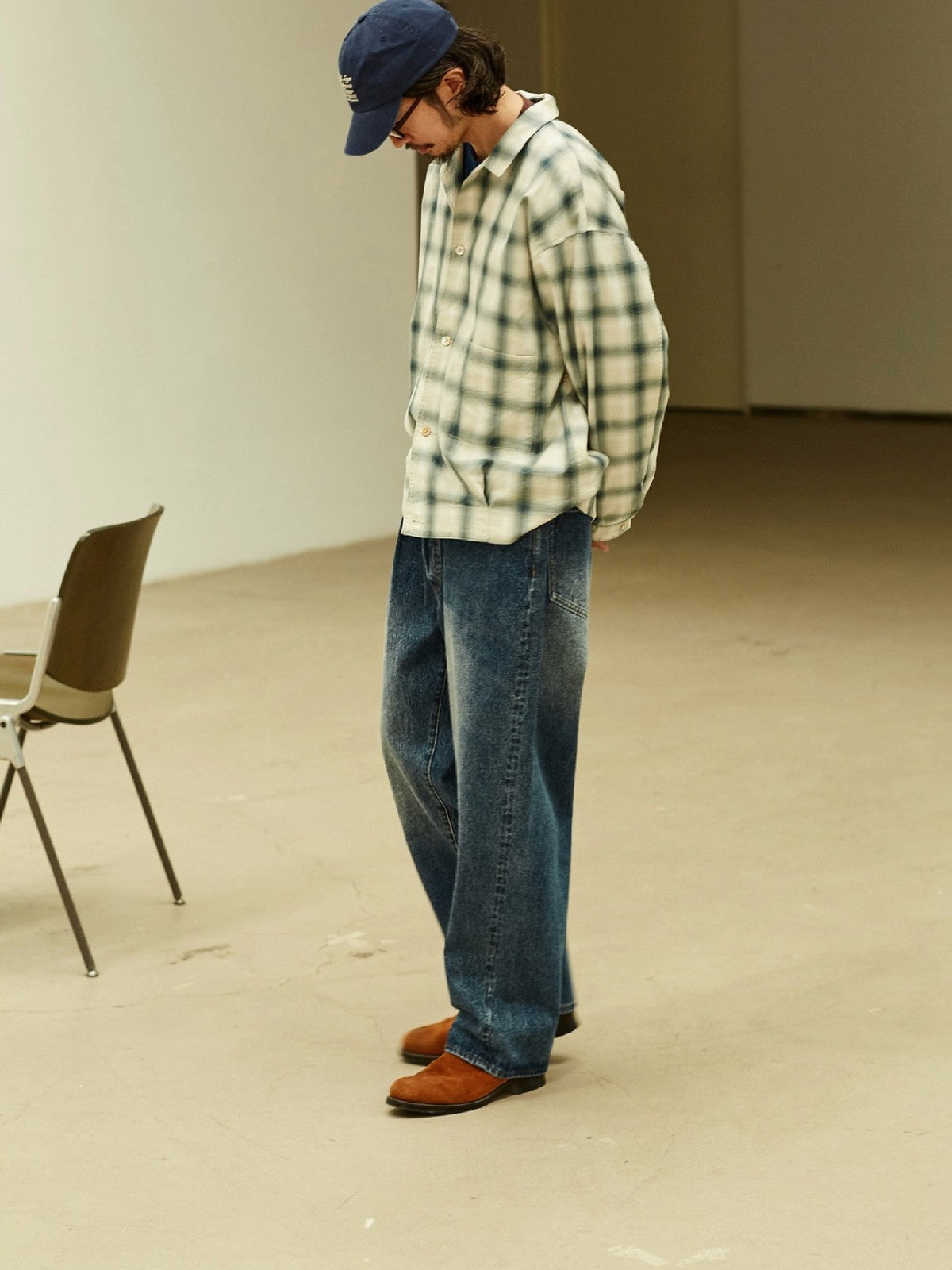 USAGE Gradient Plaid Cotton Blouson in Off-White - On Male Model