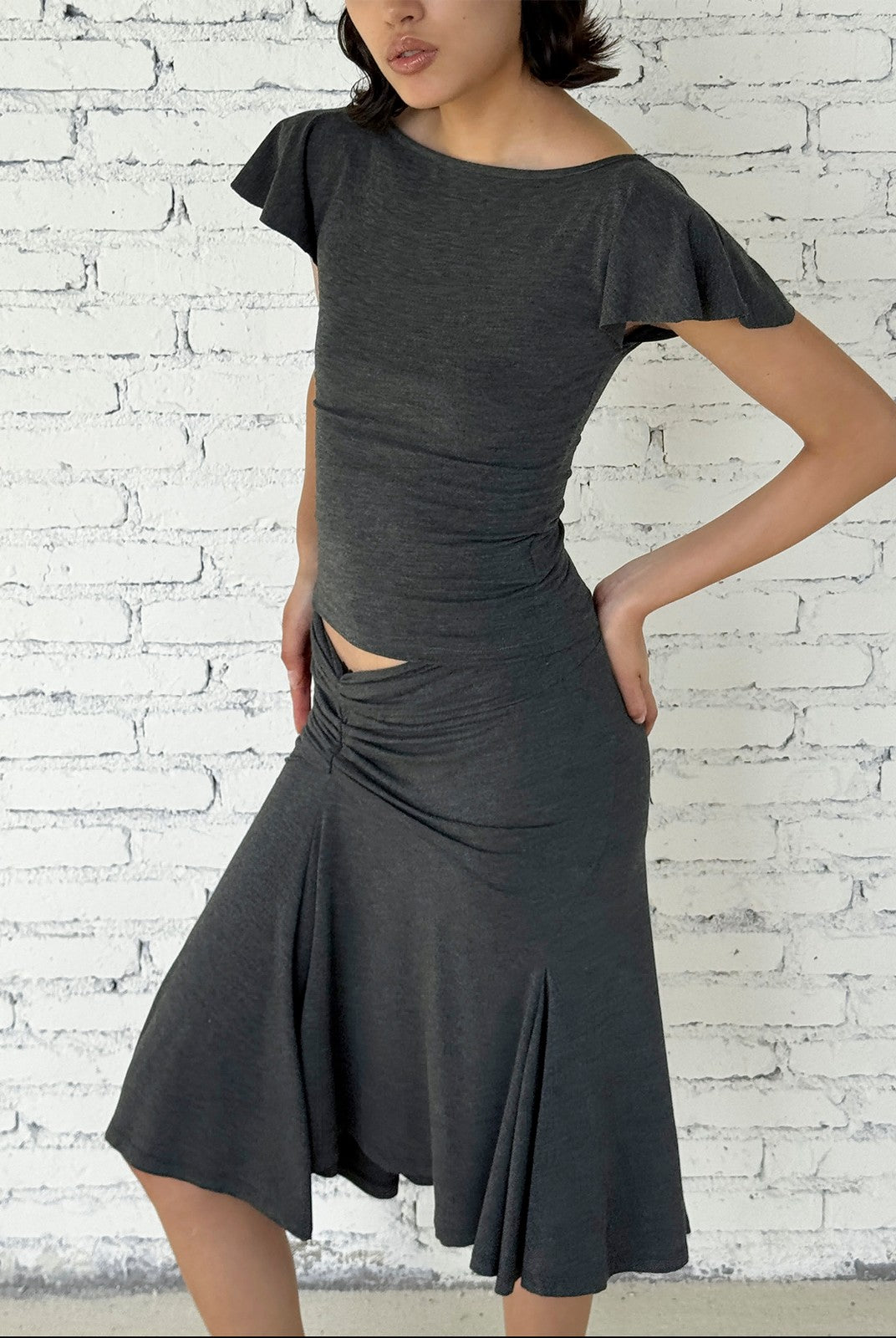 FaxCopyExpress Flutter Sleeve Open Back Top in Gray - On Female Model