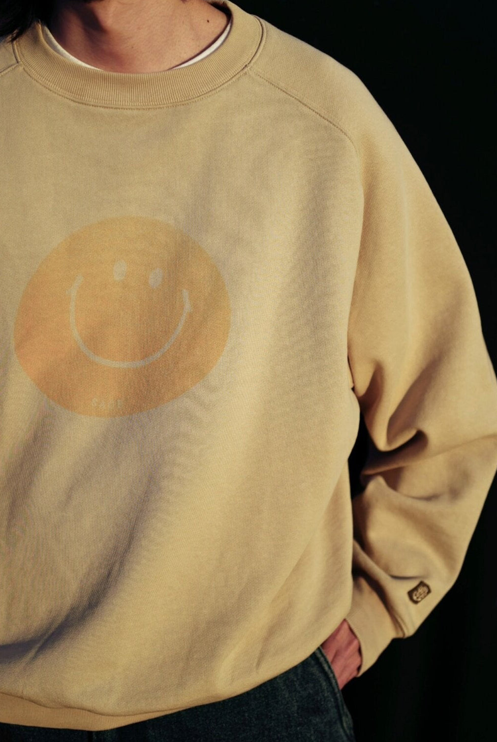 USAGE Washed Cotton Raglan Smiley Sweatshirt in Beige - On Male Model