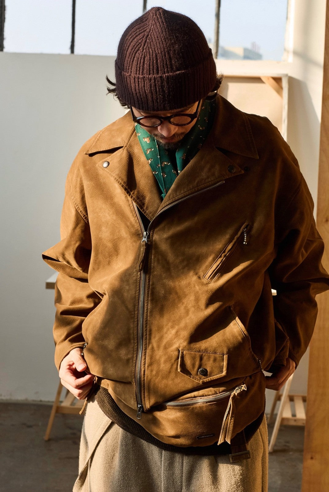 USAGE Distressed Faux Suede Moto Jacket in Brown - On Male Model
