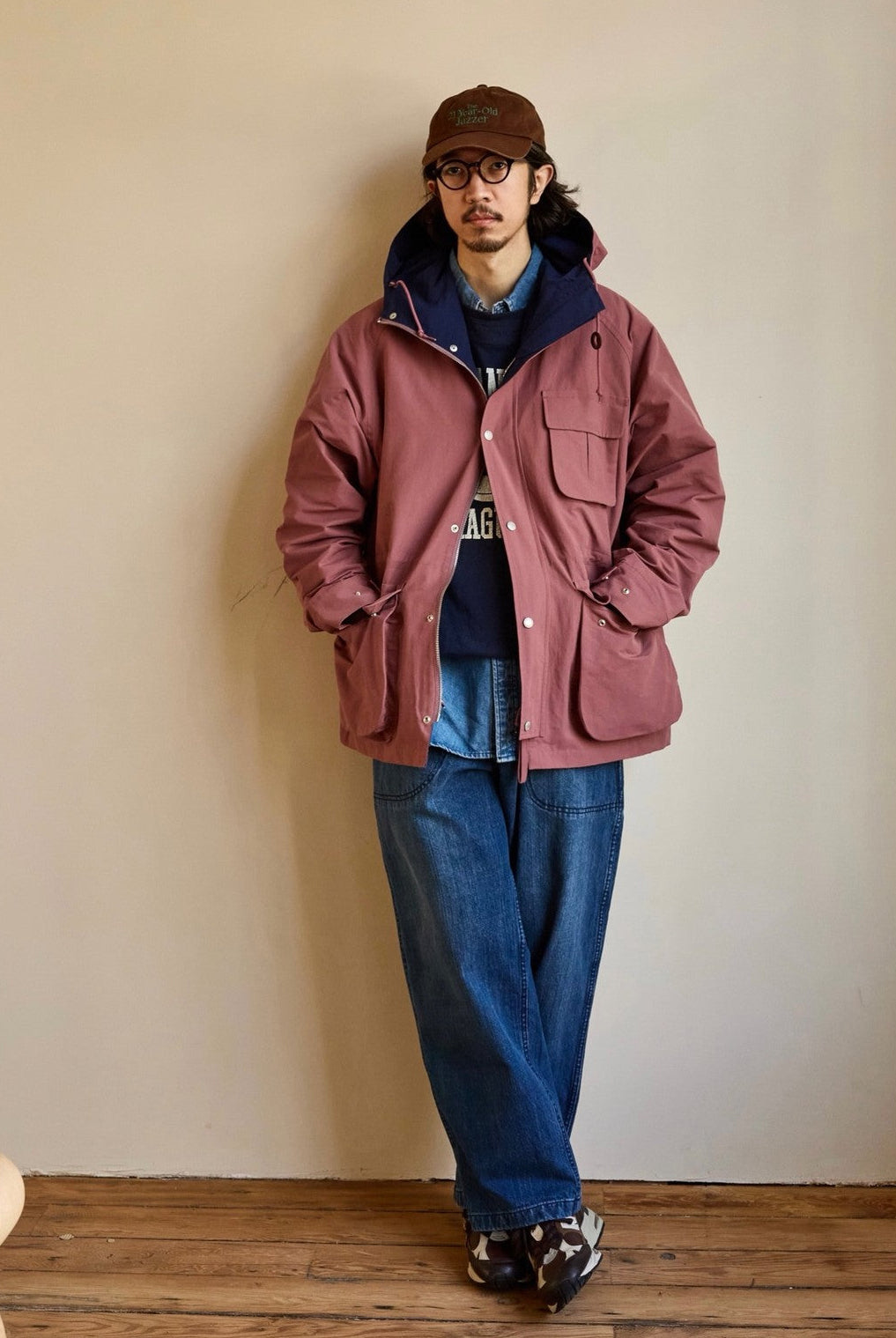 USAGE Cotton Nylon Hooded Mountain Parka in Pink - On Male Model