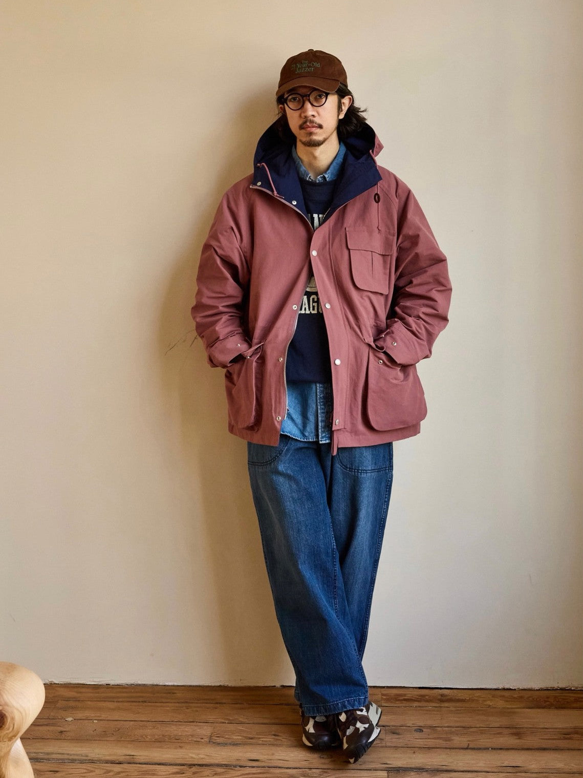 USAGE Cotton Nylon Hooded Mountain Parka in Pink - On Male Model