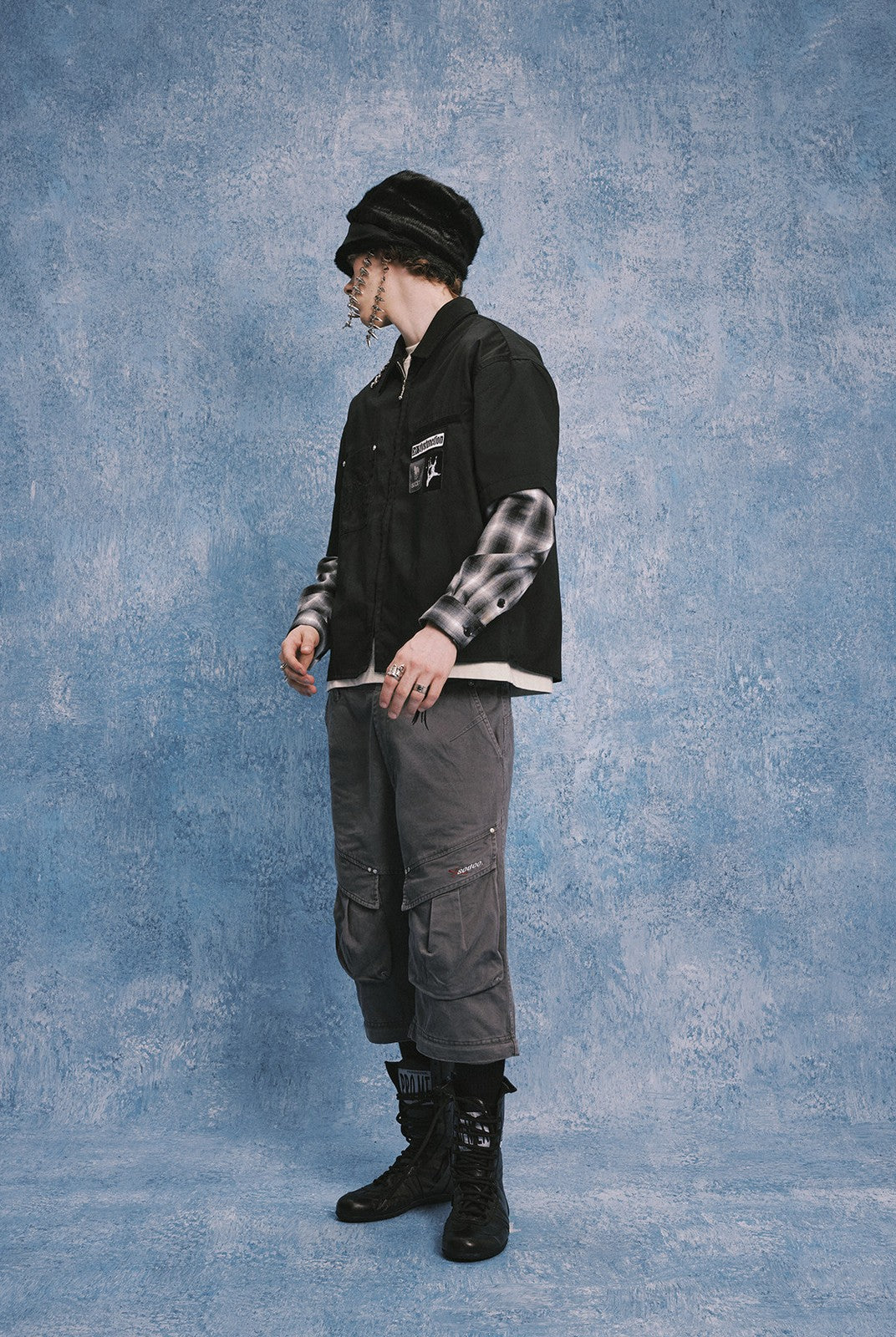 SOD Layered Sleeve Zip Up Shirt Jacket in Black - On Male Model
