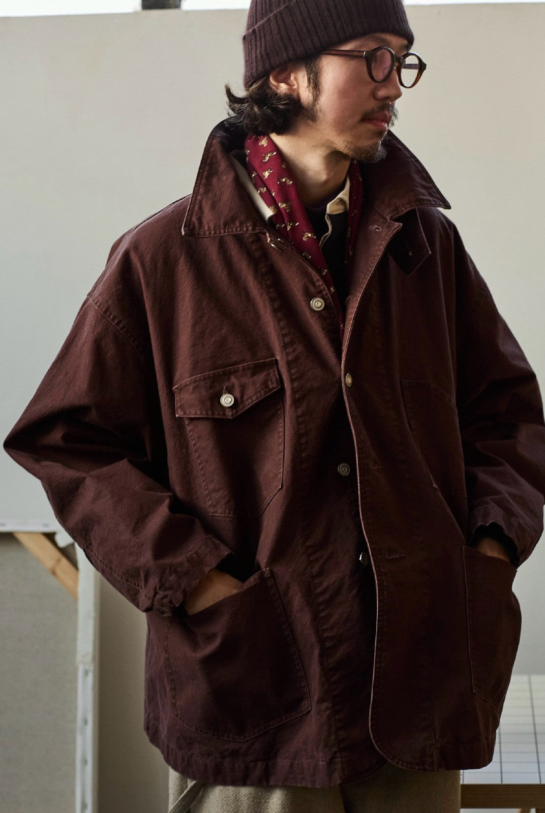 USAGE Washed Heavyweight Cotton Chore Jacket in Brown - On Male Model