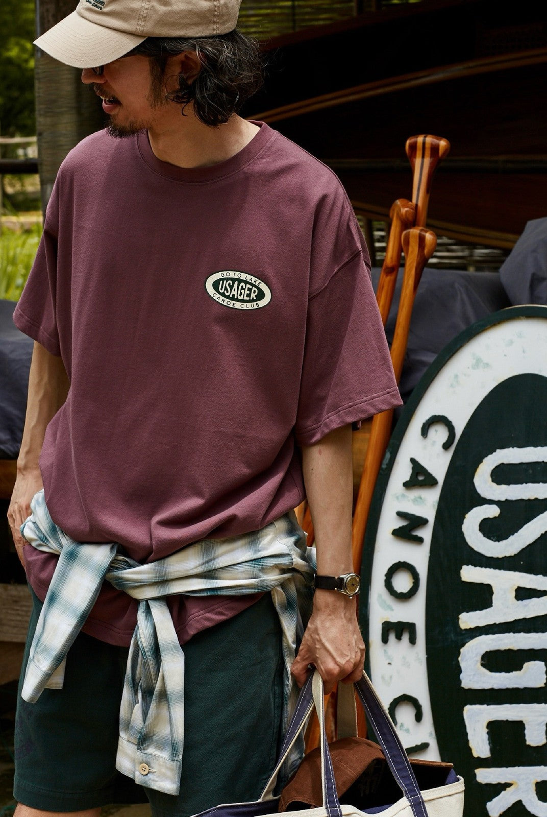 USAGE Canoe Club Graphic Cotton T Shirt in Burgundy - On Male Model