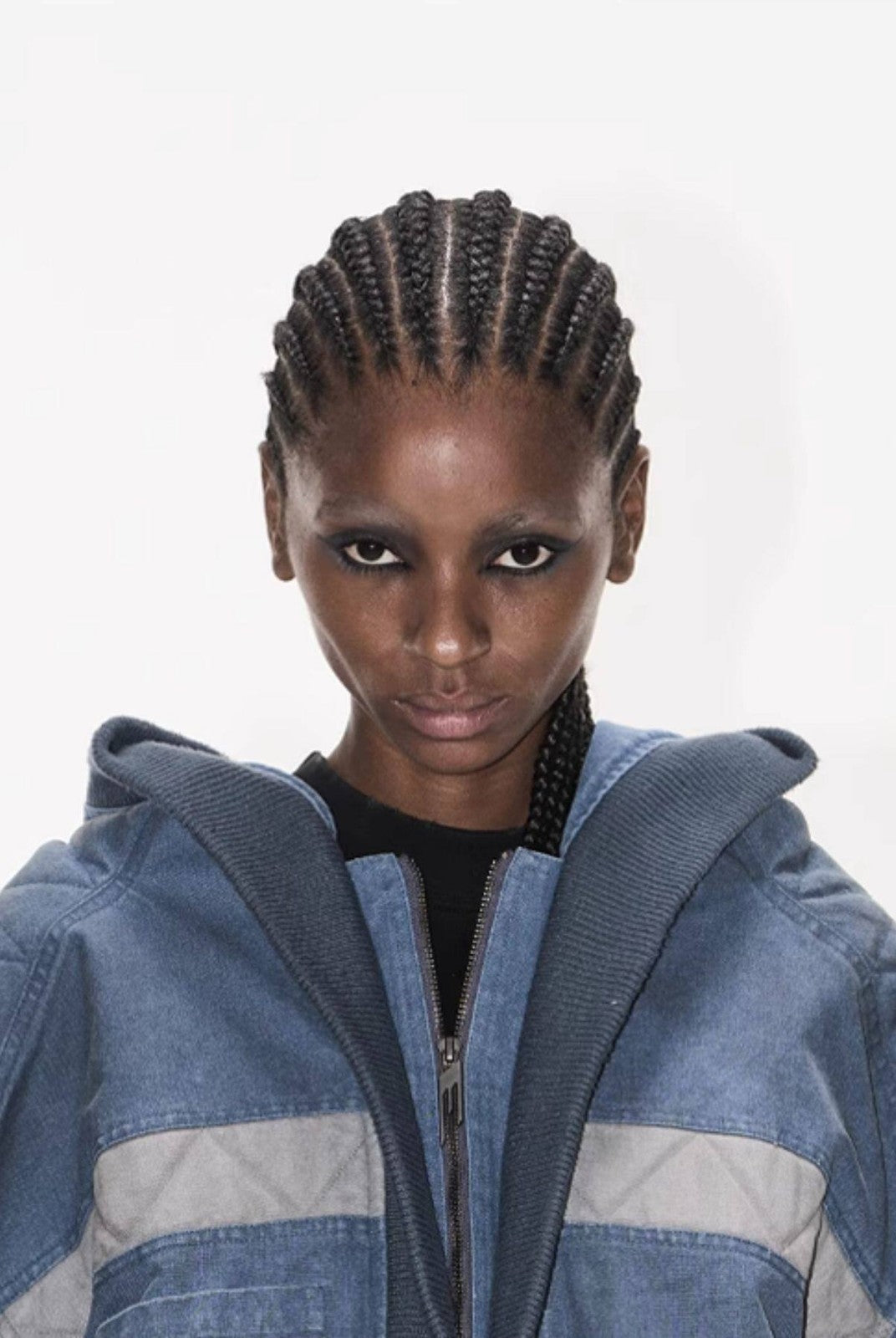 BLINDNOPLAN Distressed Hooded MA 1 Bomber Jacket in Blue - On Female Model