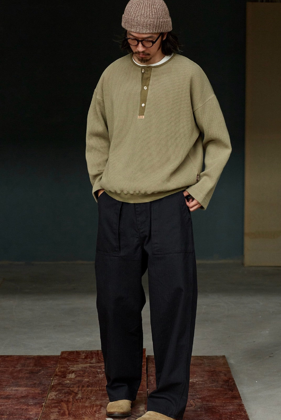 USAGE Heavyweight Waffle Knit Henley Sweatshirt in Olive - On Male Model