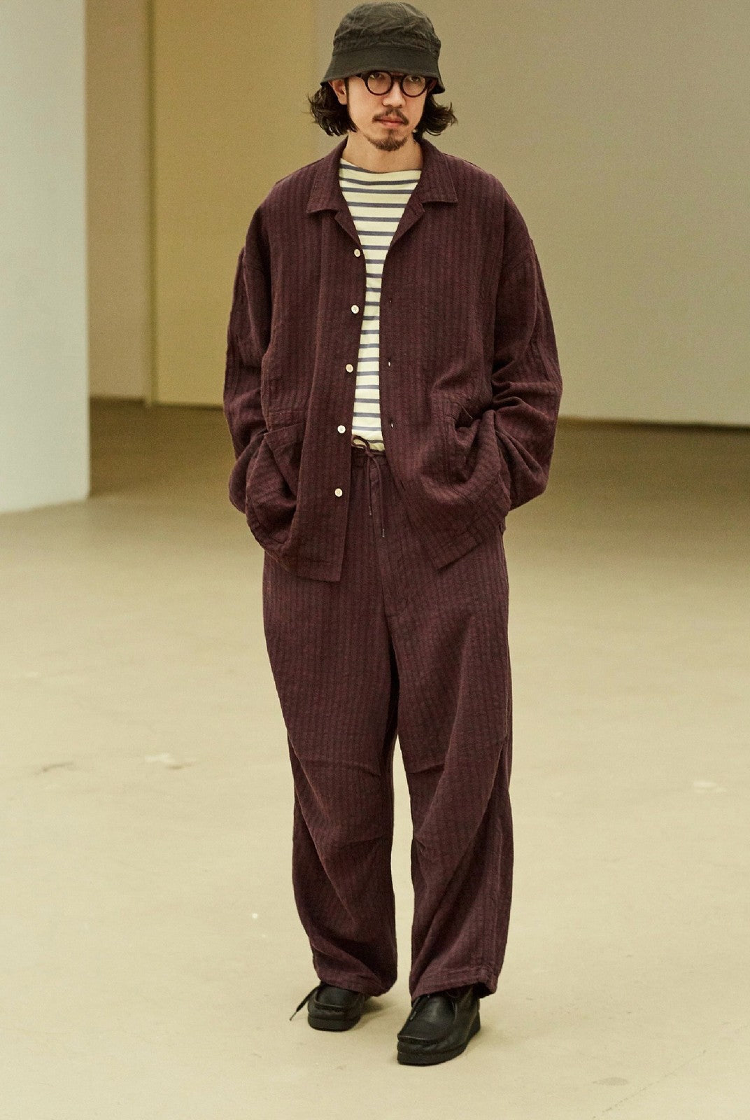 USAGE Textured Cotton Ramie Work Shirt in Purple - On Male Model
