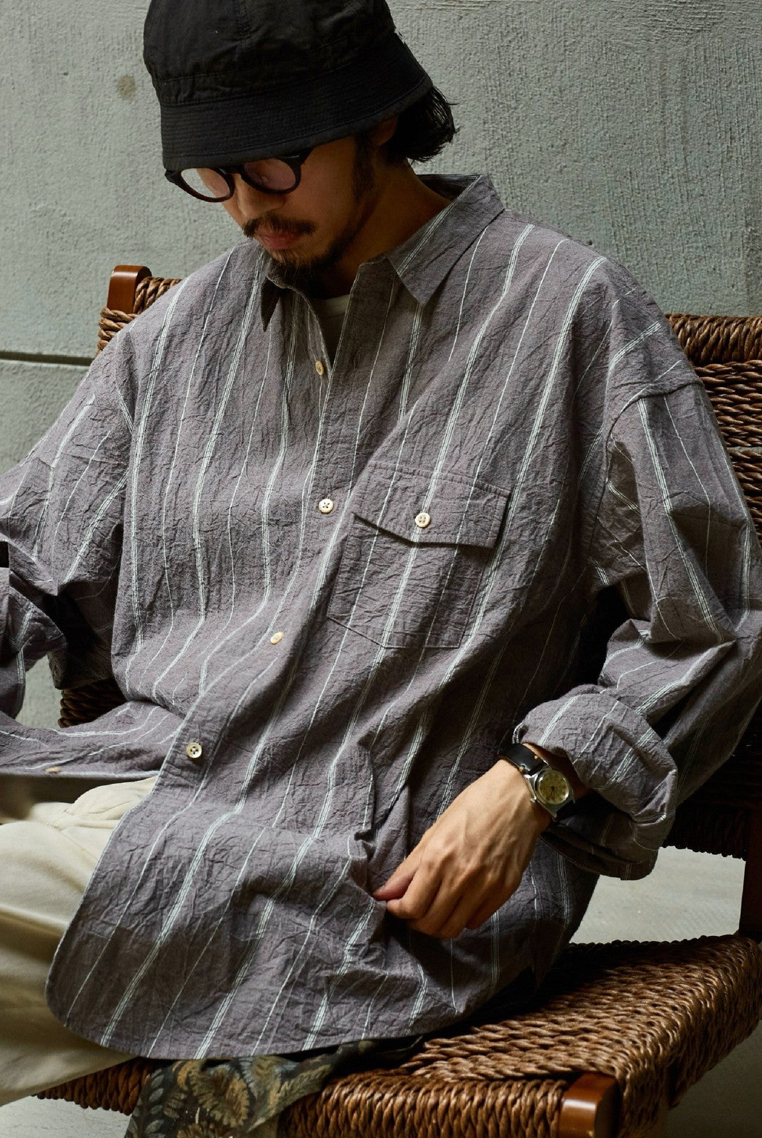 USAGE Crinkled Cotton Striped Button Down in Gray - On Male Model