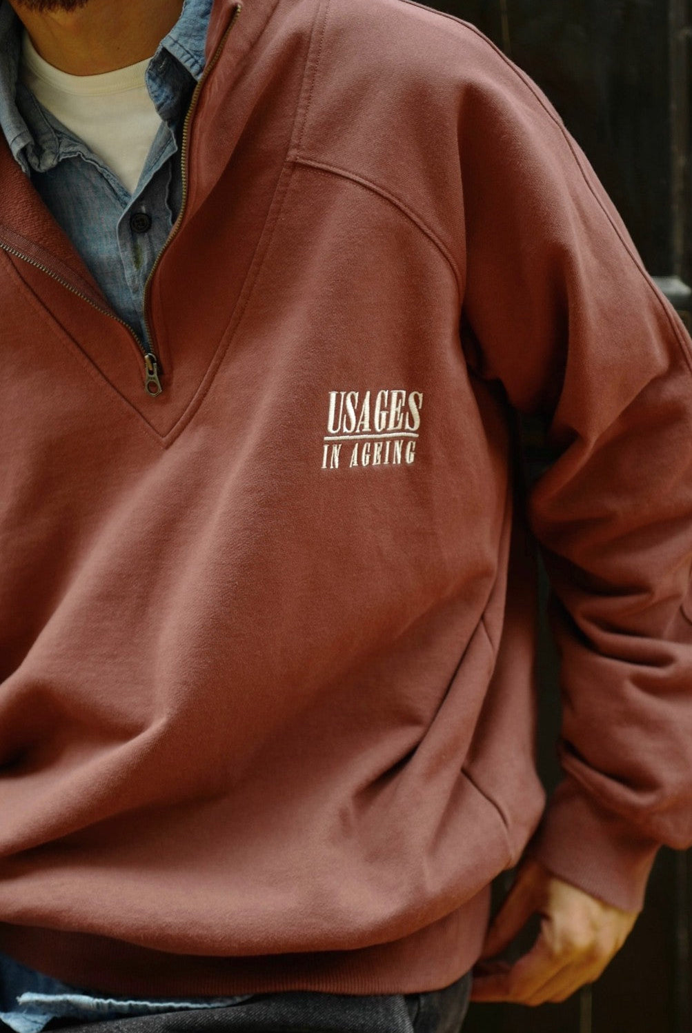 USAGE Heavyweight Cotton Half Zip Sweatshirt in Brown - On Male Model