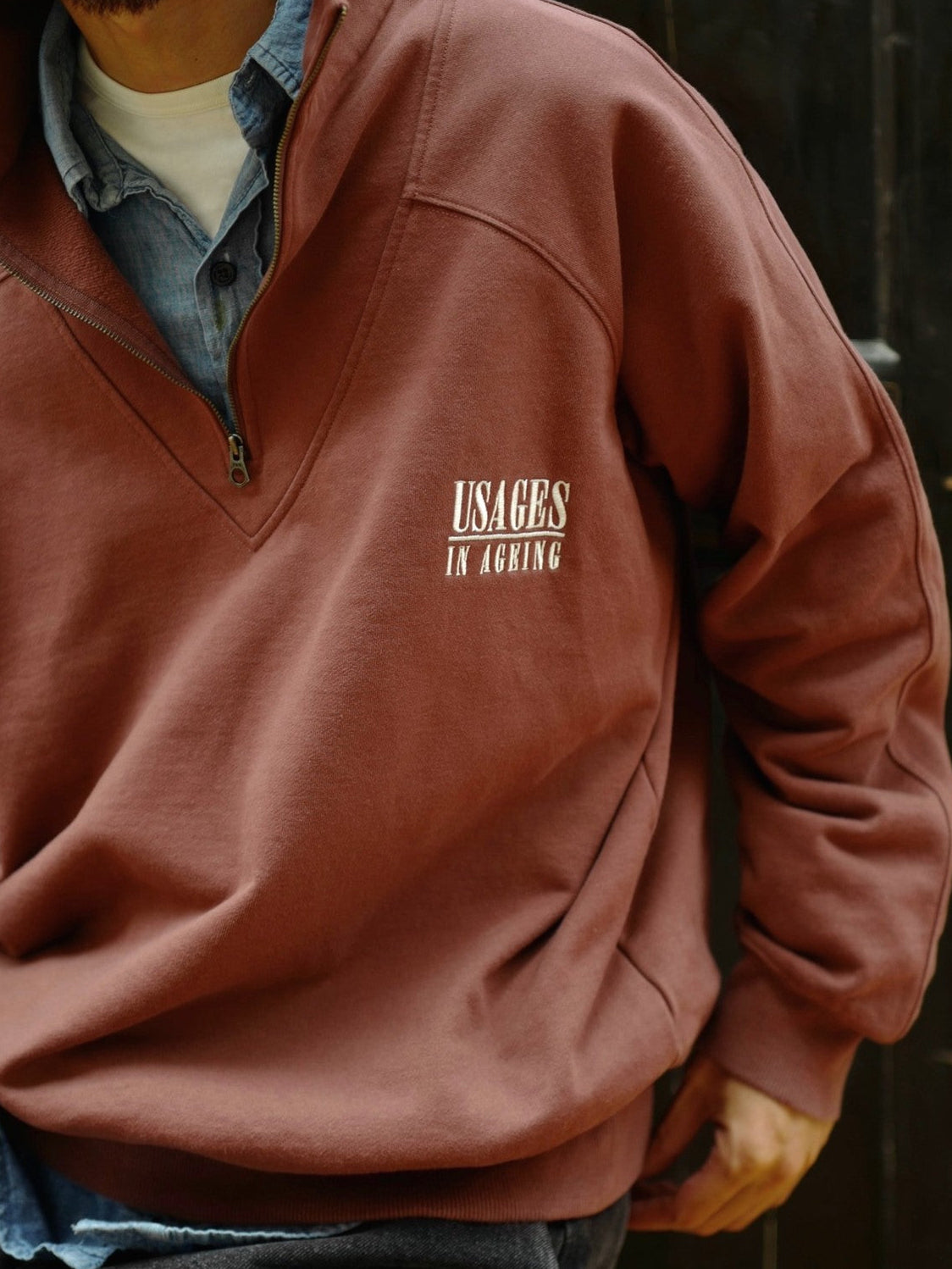 USAGE Heavyweight Cotton Half Zip Sweatshirt in Brown - On Male Model