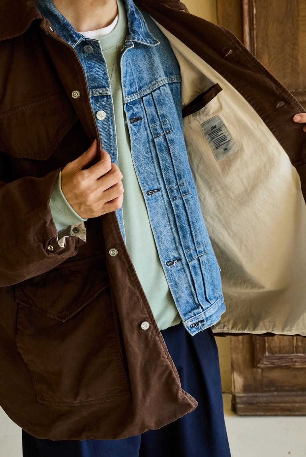 USAGE Washed Cotton Twill M65 Jacket in Brown - On Male Model