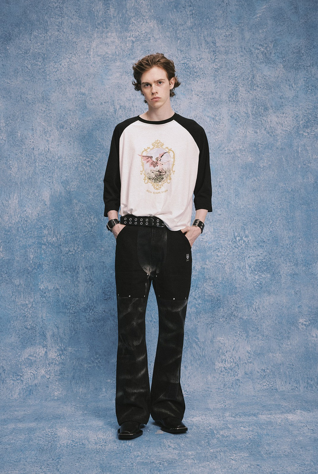 SOD Rivet Panel Micro Flare Jeans in Black - On Male Model