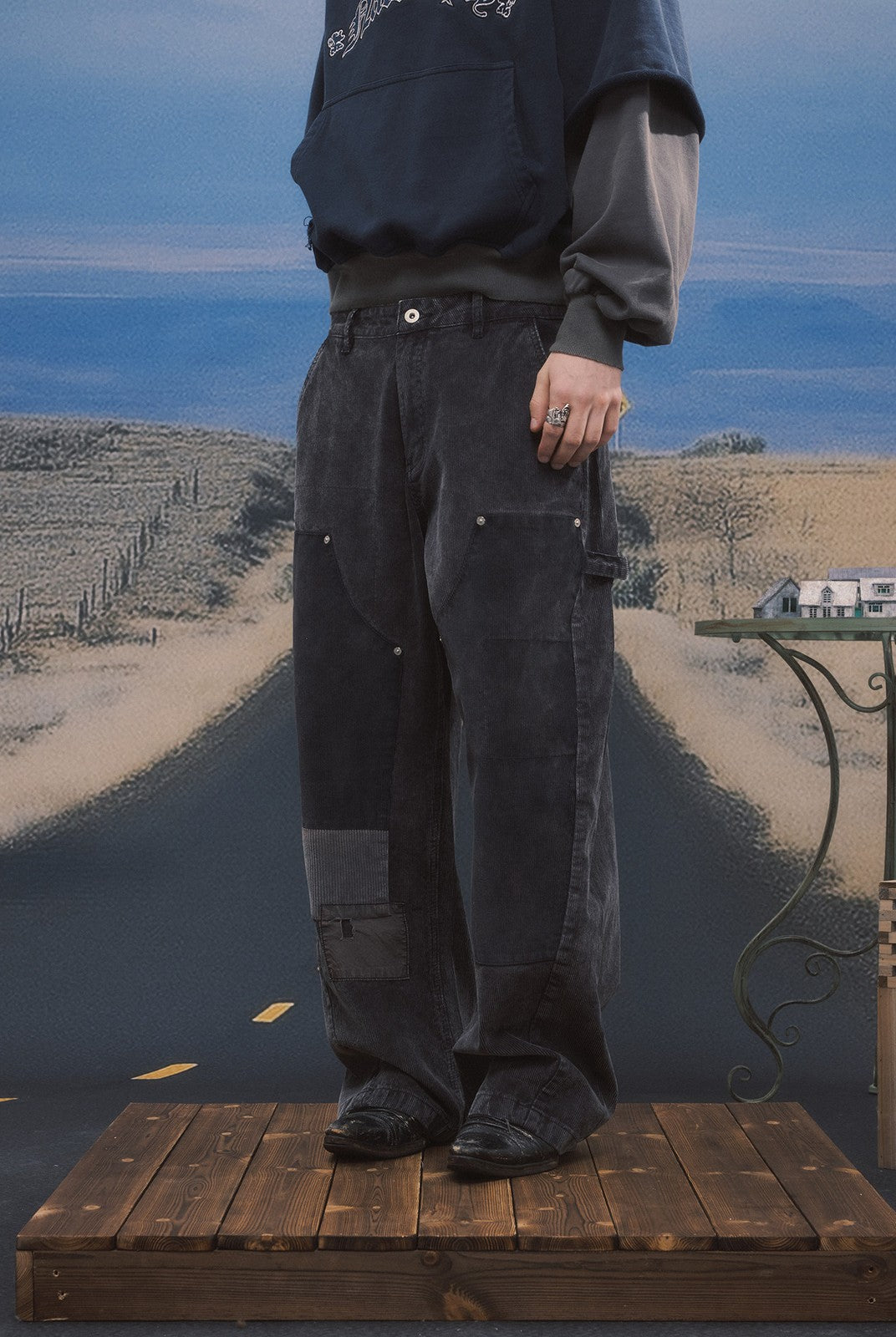 SOD Washed Corduroy Patchwork Logger Pants in Black - On Model