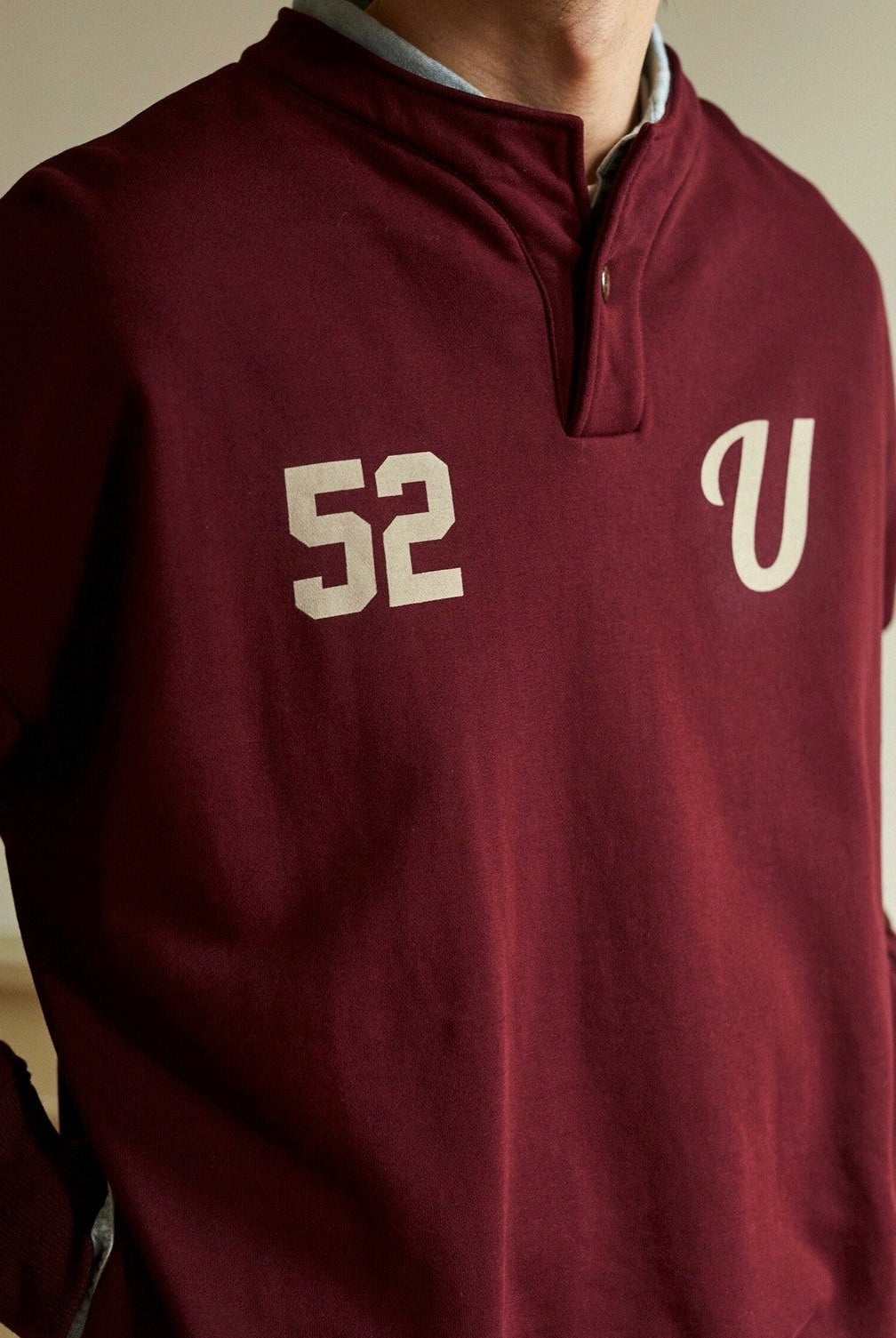 USAGE Terry Cotton Henley Sweatshirt in Burgundy - On Male Model