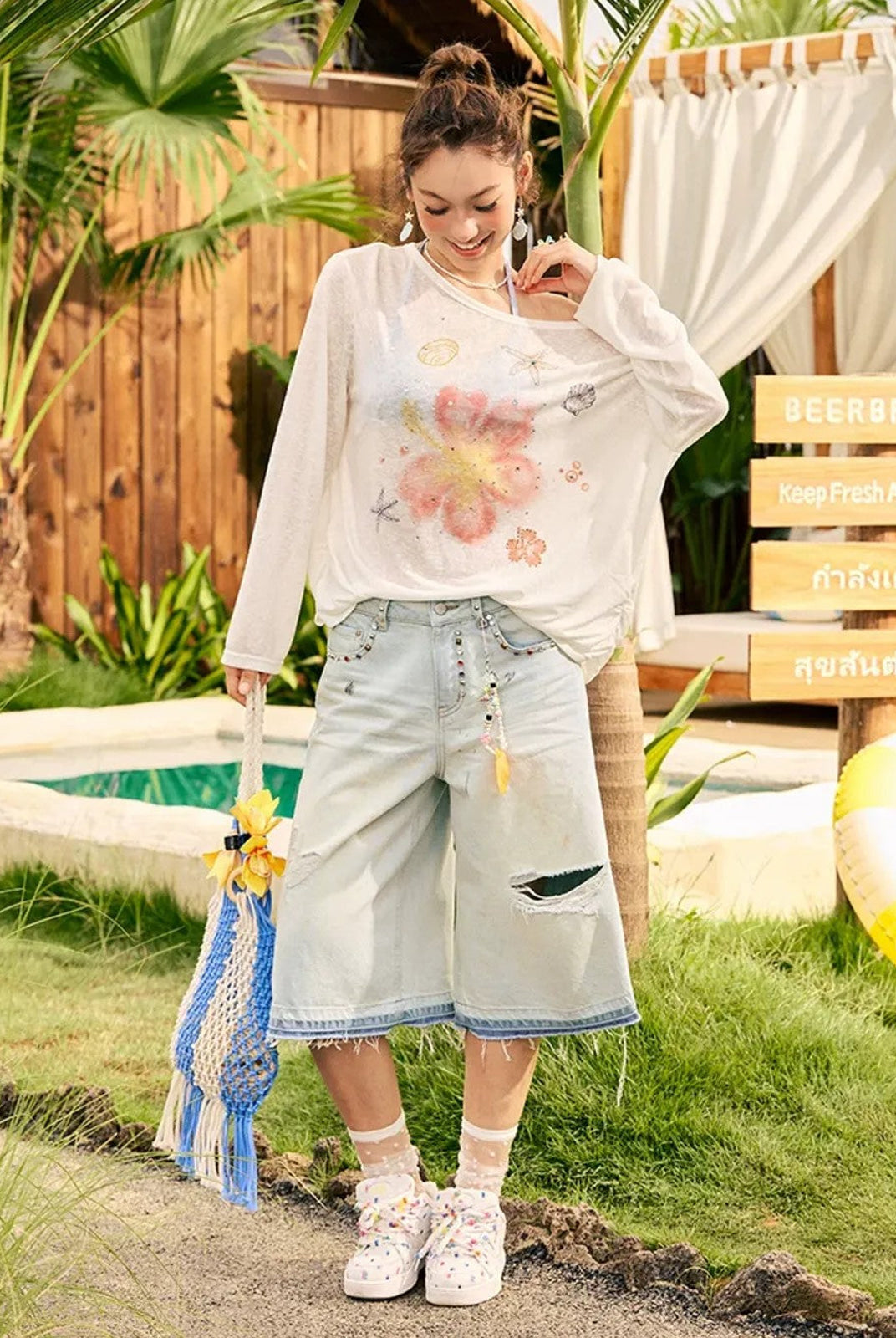 BeerBro Rhinestone Floral Sheer Top in White - On Female Model