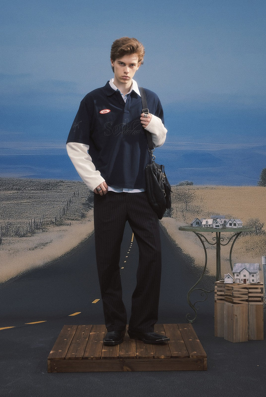 SOD Melvins Embroidered Pinstripe Trousers in Black - On Male Model